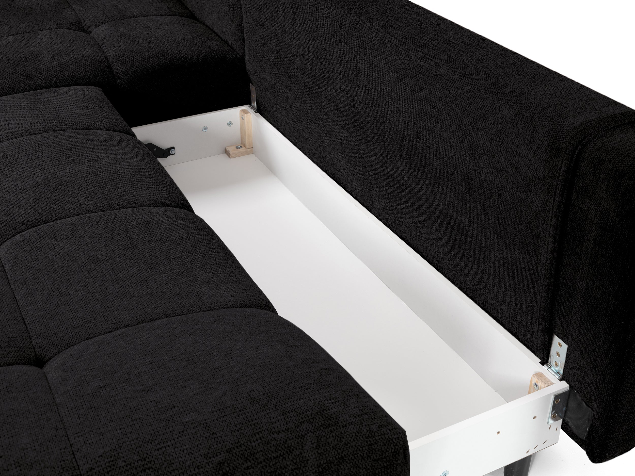 Ecksofa mit Schlafunktion Felipe, L-förmig, linksseitig, mit Stauraum, schwarzer hydrophober Chenille-Stoff