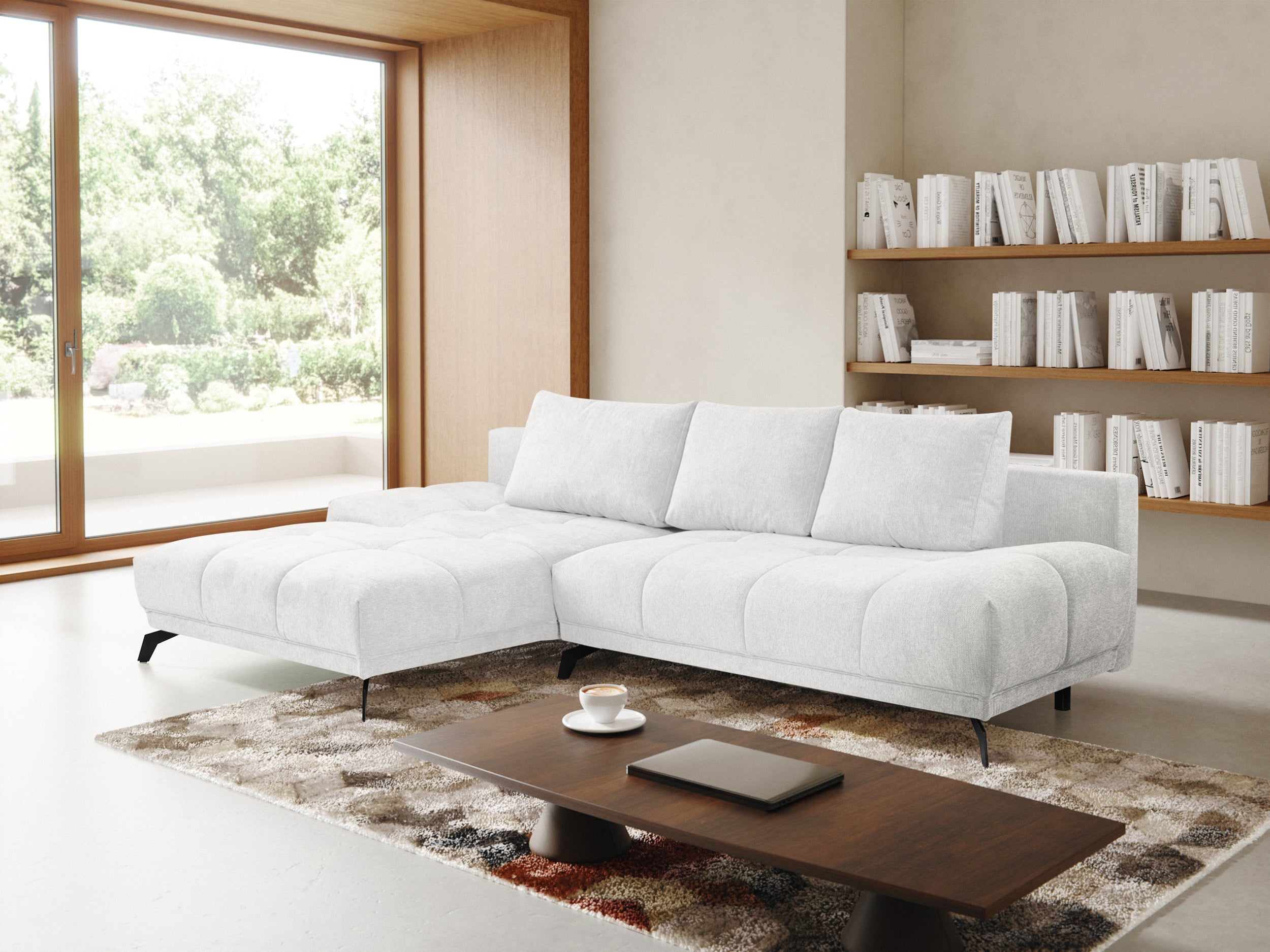 Ecksofa mit Schlaffunktion Felipe, L-förmig, linksseitig, mit Stauraum, weißer hydrophober Chenille-Bezug