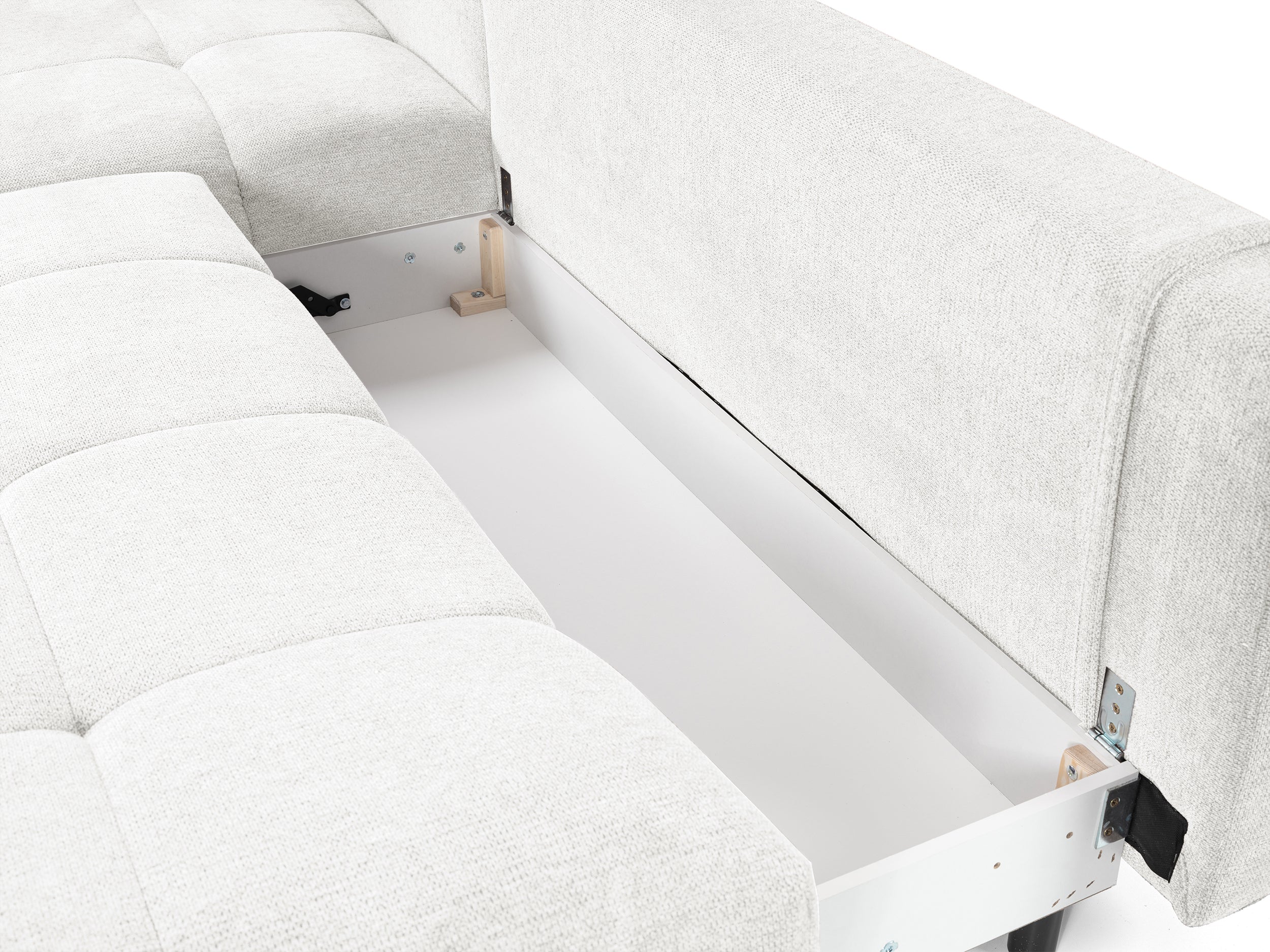 Ecksofa mit Schlaffunktion Felipe, L-förmig, linksseitig, mit Stauraum, weißer hydrophober Chenille-Bezug