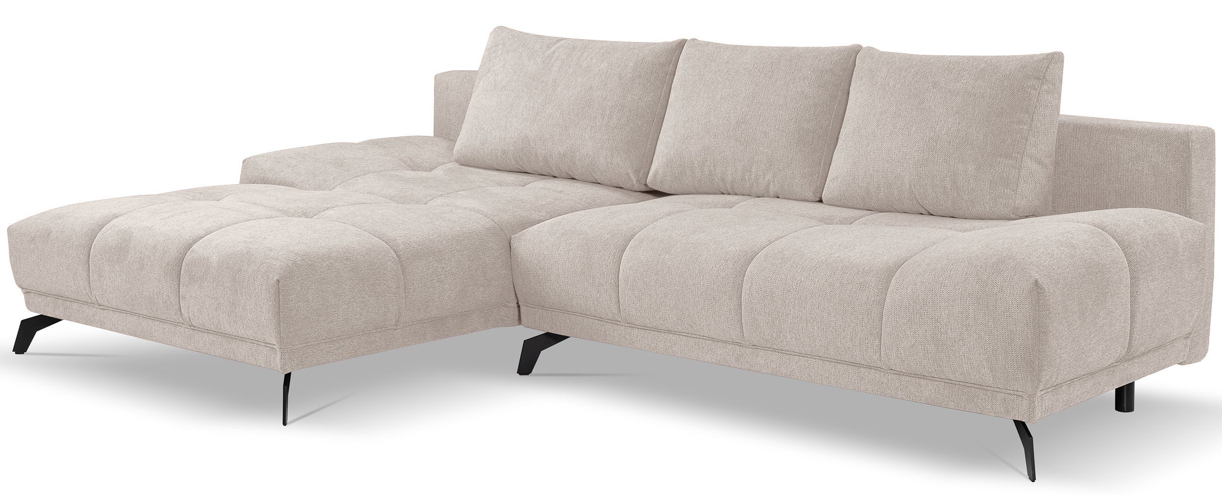 Ecksofa mit Schlaffunktion Felipe, L-förmig, linksseitig, mit Stauraum, hellbeiger hydrophober Chenille-Bezug