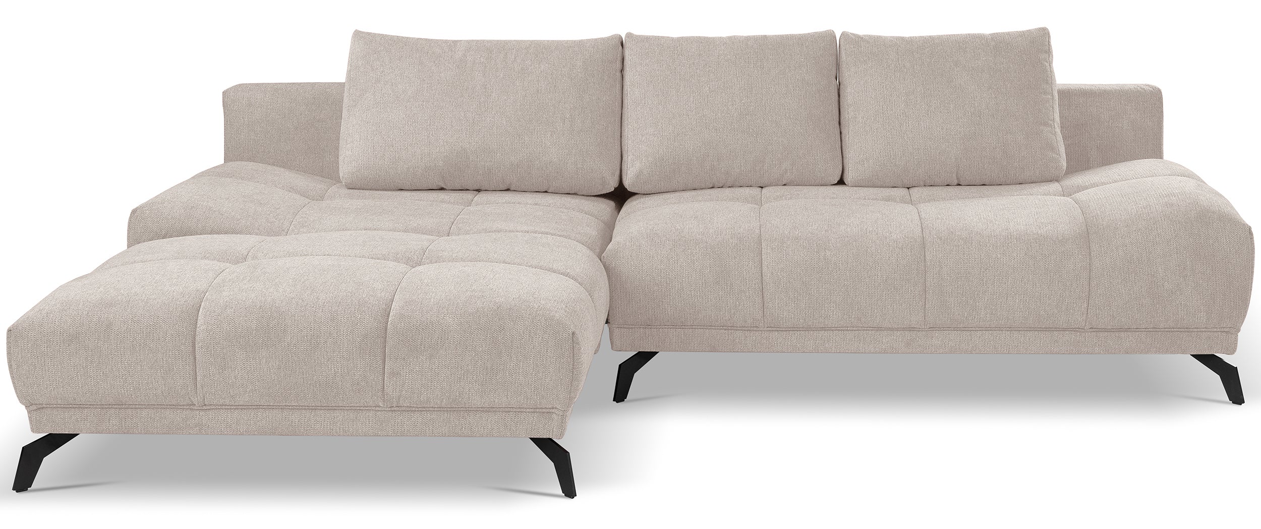 Ecksofa mit Schlaffunktion Felipe, L-förmig, linksseitig, mit Stauraum, hellbeiger hydrophober Chenille-Bezug