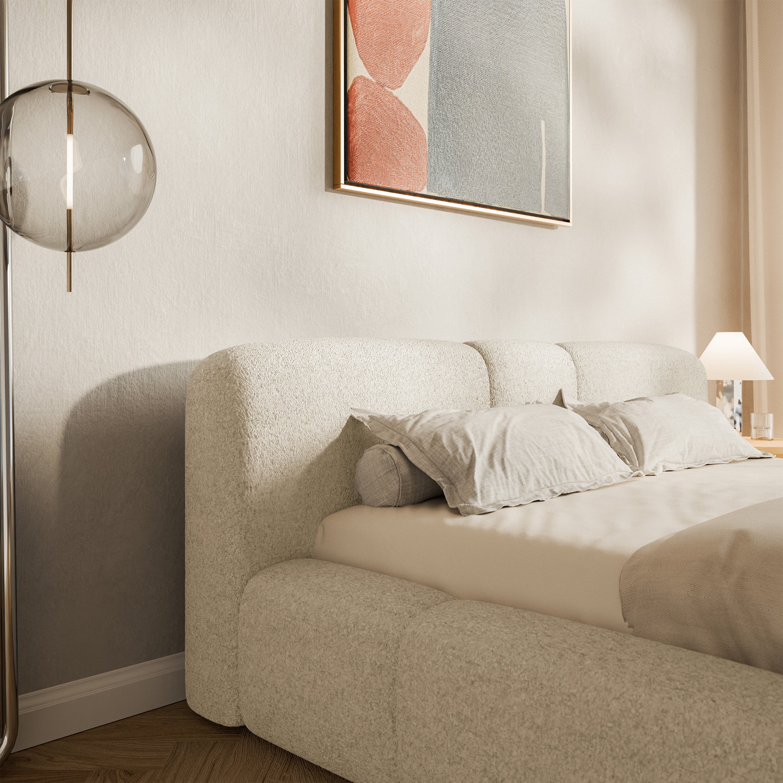 Polsterbett 200x200 cm Bowia mit Stauraum, Metallrahmen, hellbeige Plüsch
