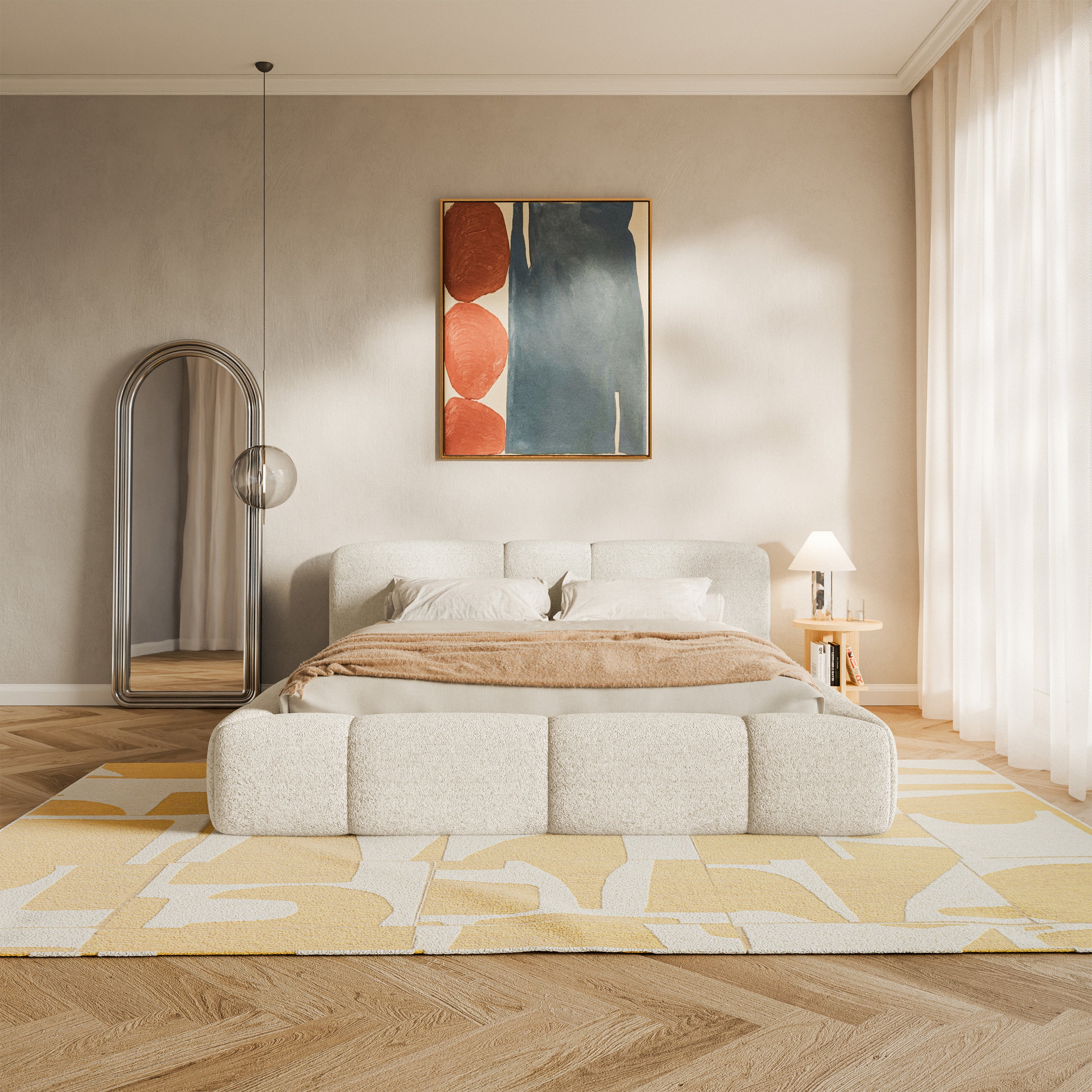 Polsterbett 200x200 cm Bowia mit Stauraum, Metallrahmen, hellbeige Plüsch