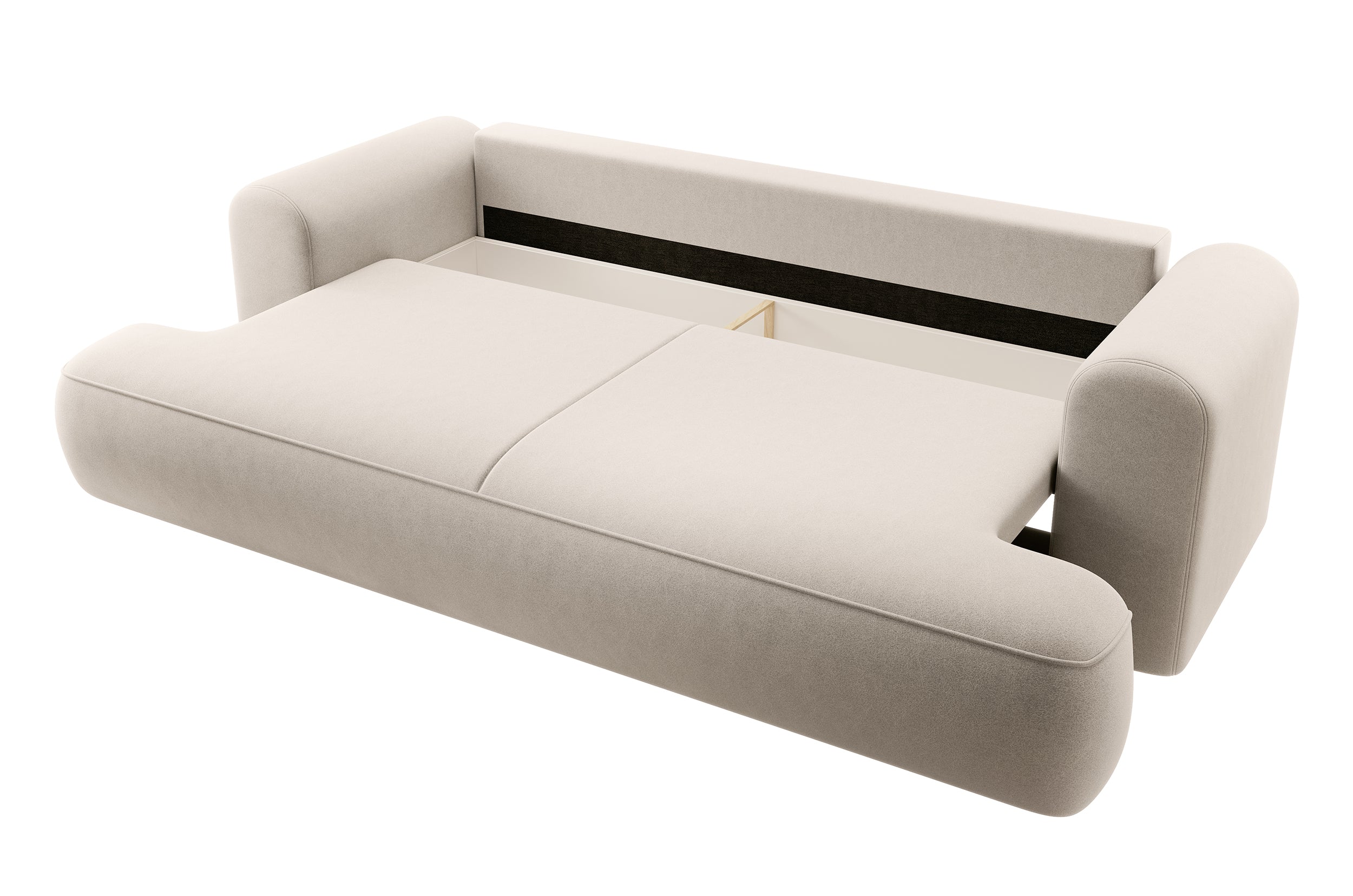 Dreisitziges ausklappbares Sofa Ovo mit Stauraum, hellbeiger Velours aus leicht zu reinigendem Stoff