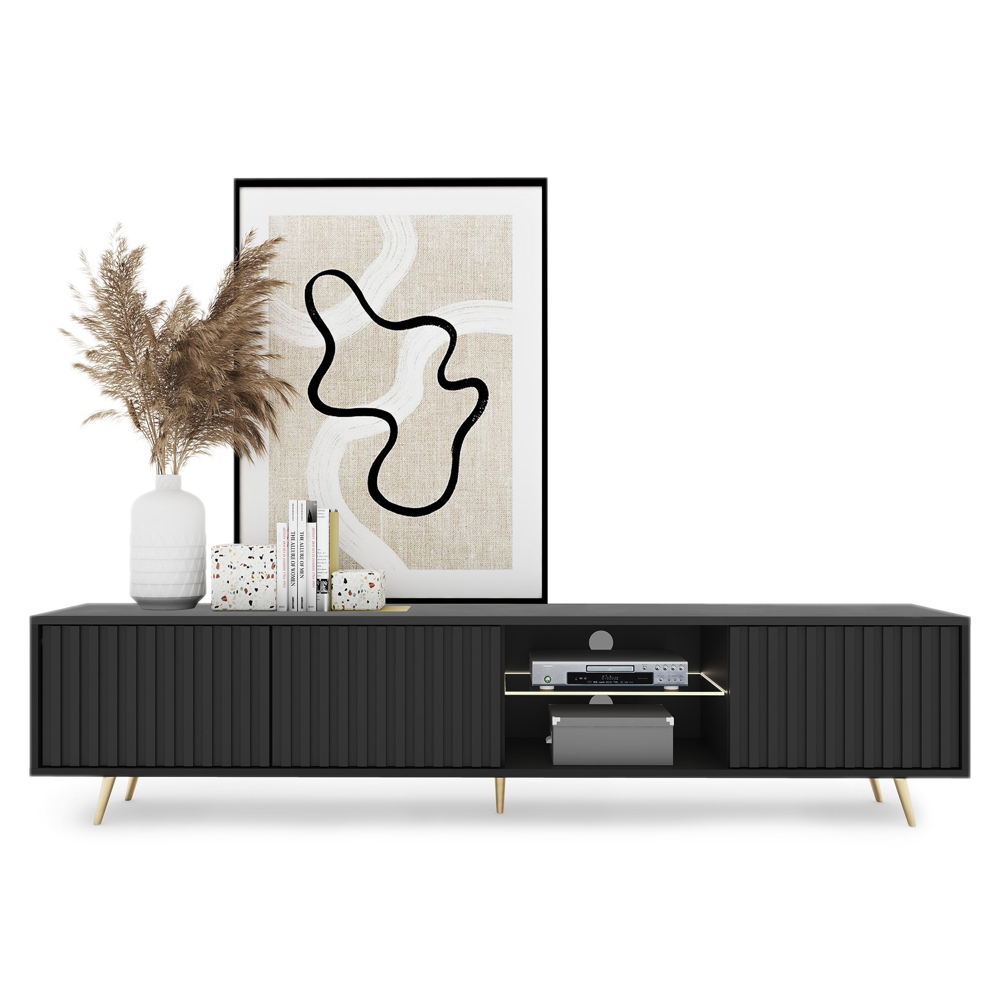 TV-Schrank Bello mit Lamellenfronten, 175 cm, schwarz, mit LED und goldenen Beinen