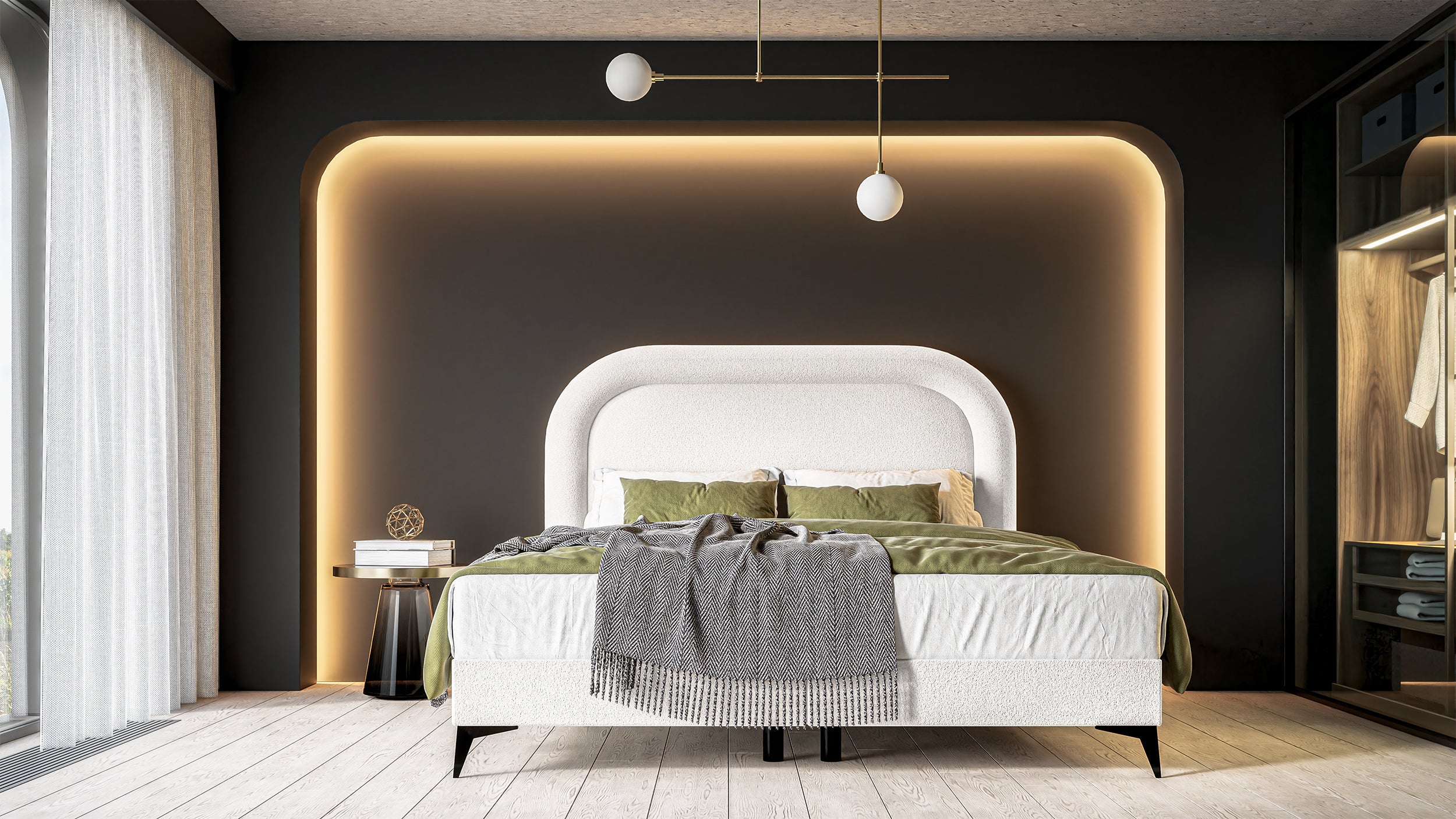 Kontinentales Bett 180x200 cm Loreo mit Topper und Stauraum, cremefarbenes Bouclé