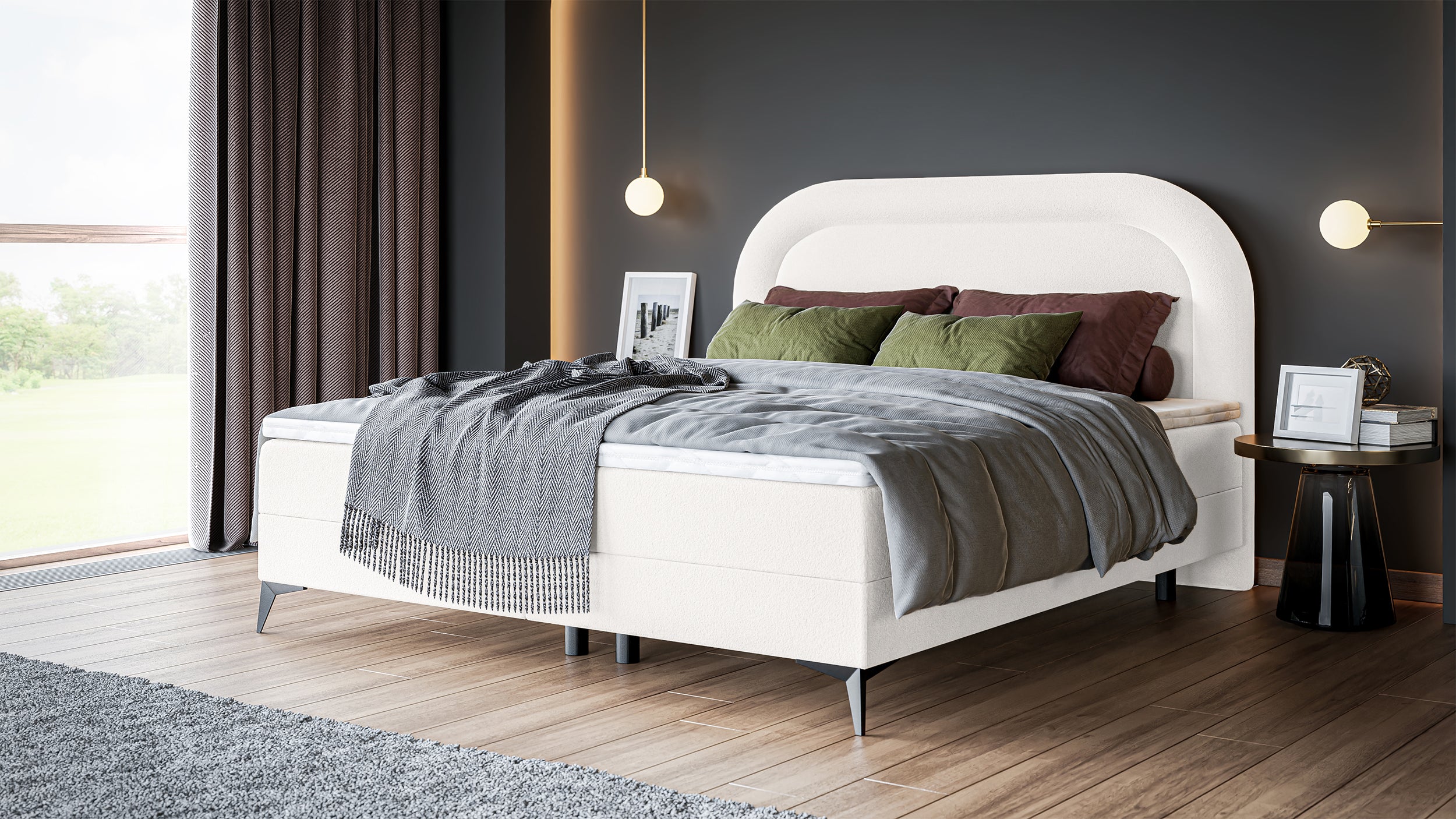 Kontinentales Bett 140x200 cm Loreo mit Topper und Aufbewahrungsboxen, cremefarbenes Bouclé