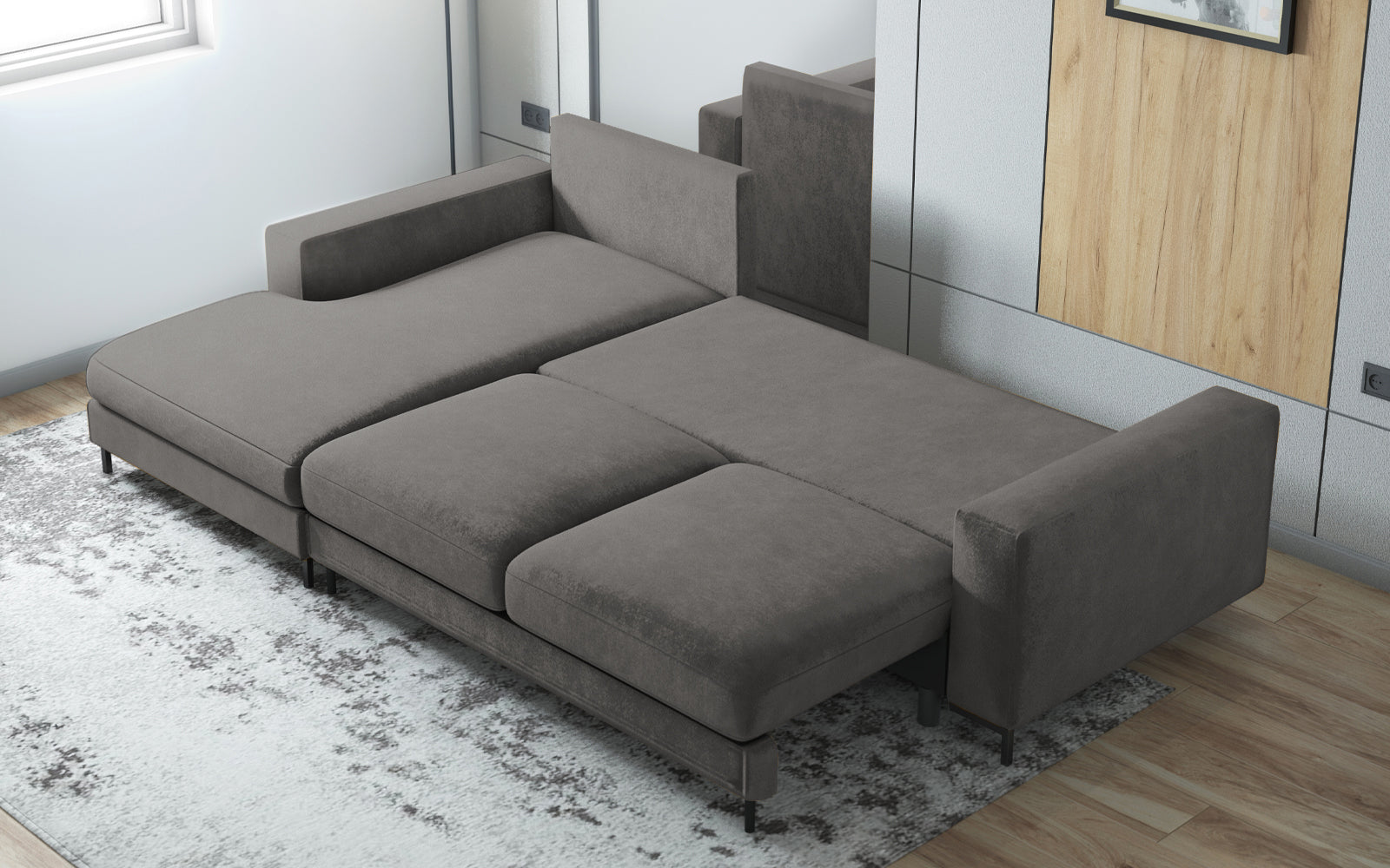 Ecksofa mit Schlaffunktion Mokpeo, L-förmig, mit zwei Stauraumfächern, auf schwarzen Füßen, dunkelgrau, aus pflegeleichtem Stoff, linksseitig