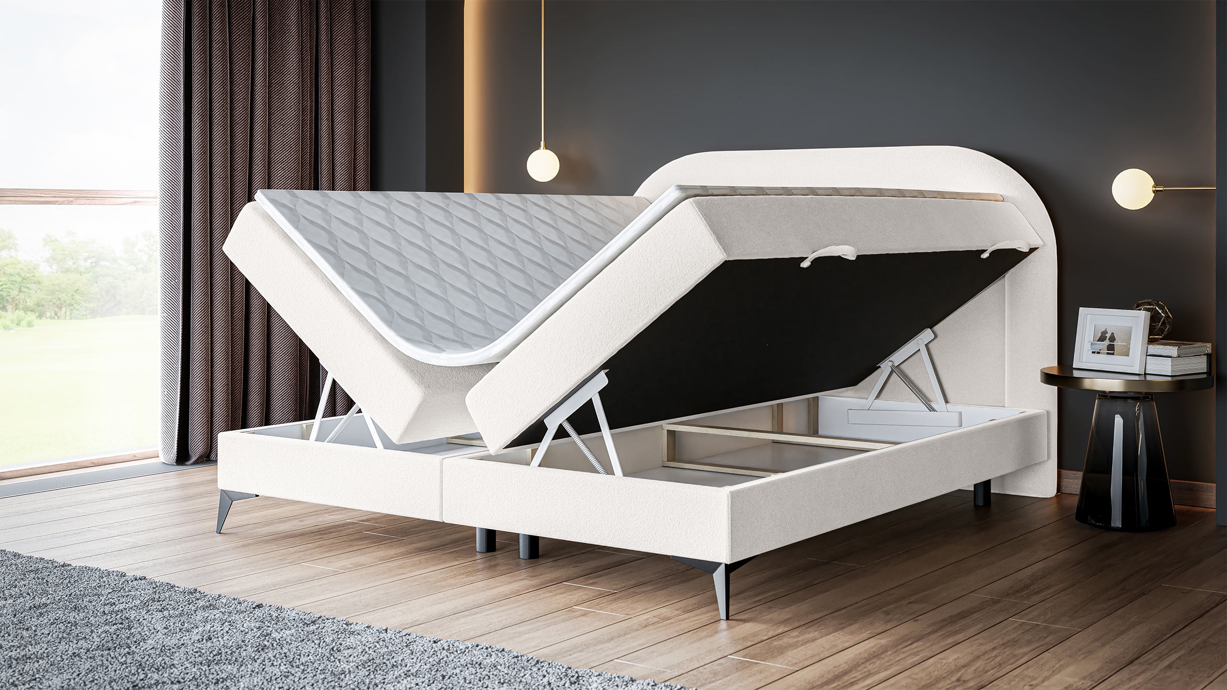 Kontinentales Bett 140x200 cm Loreo mit Topper und Aufbewahrungsboxen, cremefarbenes Bouclé