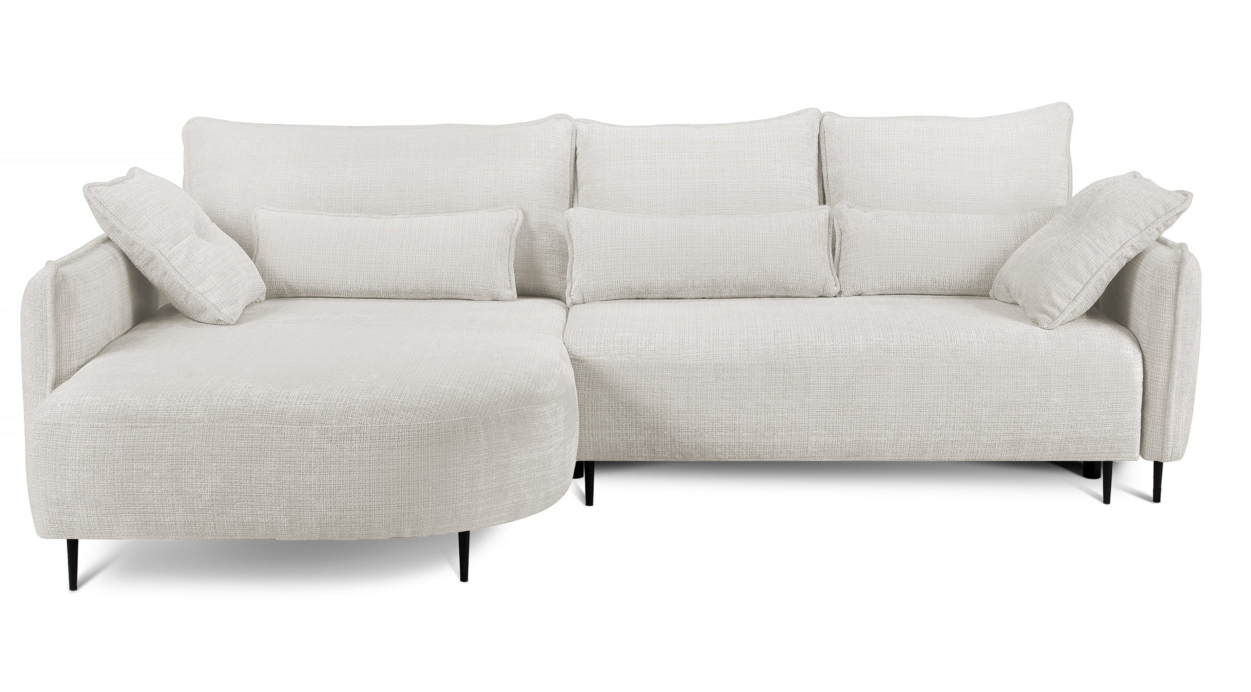 Ecksofa Oblivio mit Schlaffunktion, L-förmig, mit Stauraum, cremefarbener Chenille, linksseitig