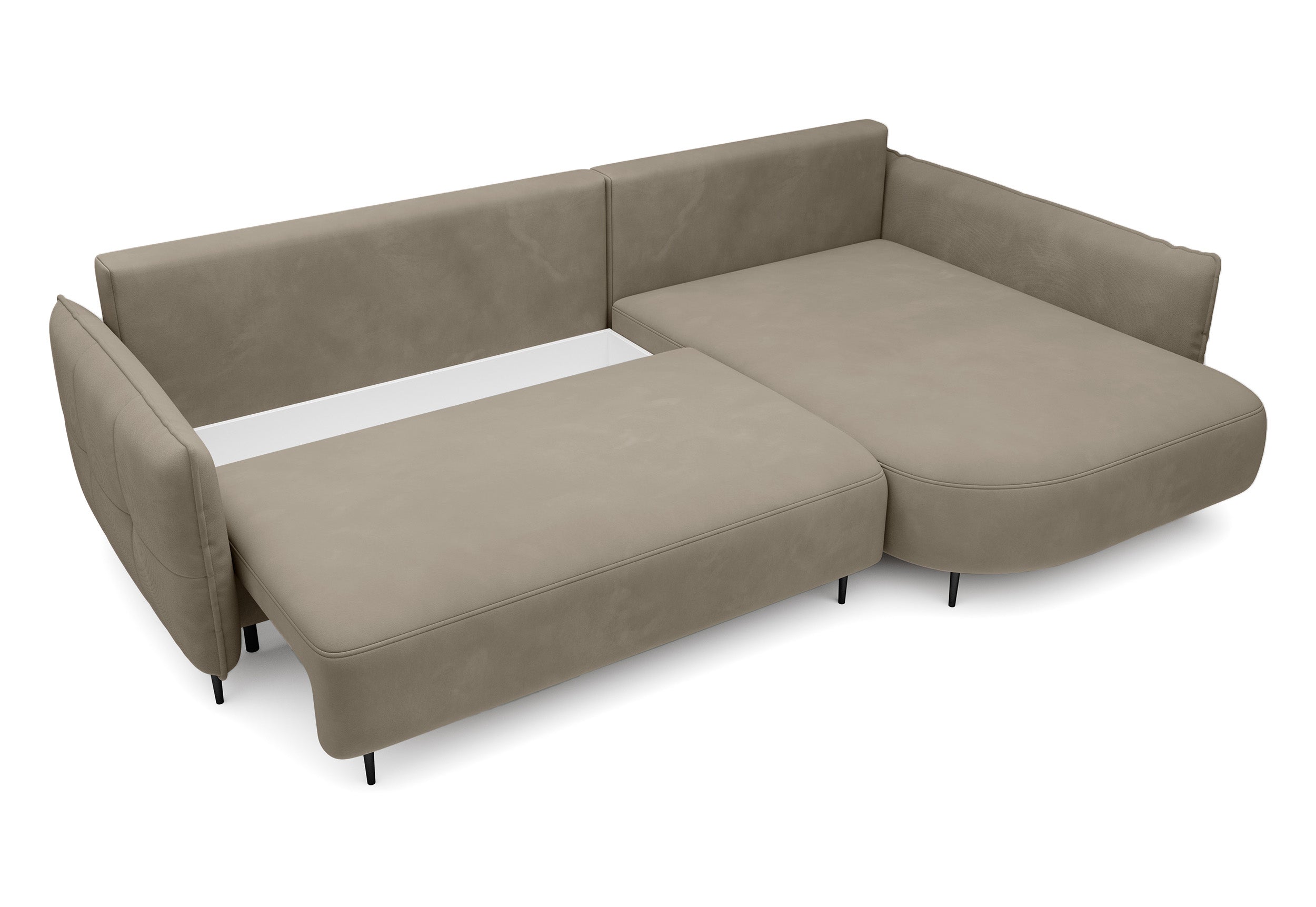 Ecksofa Oblivio mit Schlaffunktion, L-förmig, mit Stauraum, hellbraunes Samt, rechtsseitig, wasserabweisend