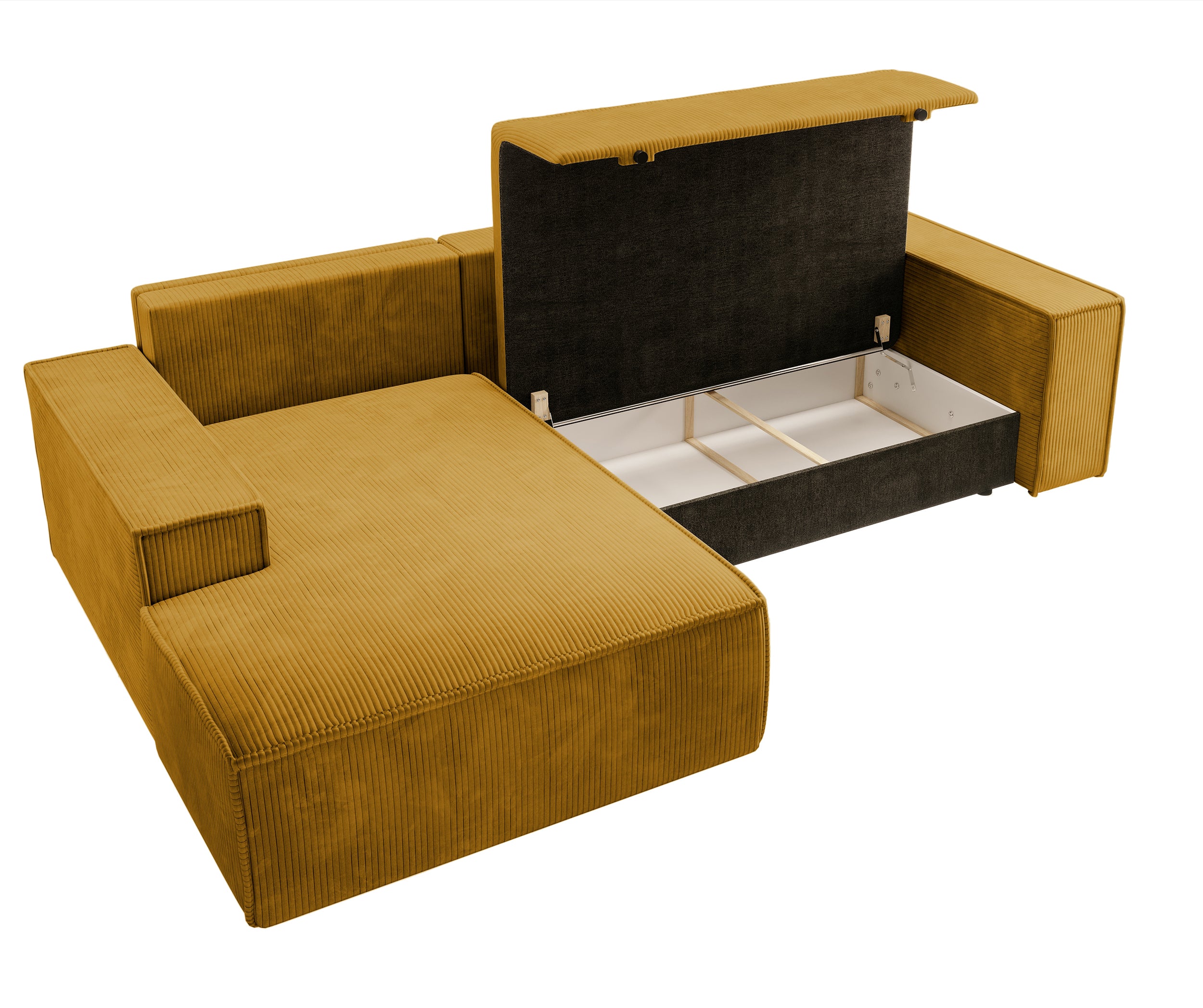 Ecksofa mit Schlaffunktion Farese New, L-förmig, mit Stauraum, senfgelb, Cordstoff, linksseitig