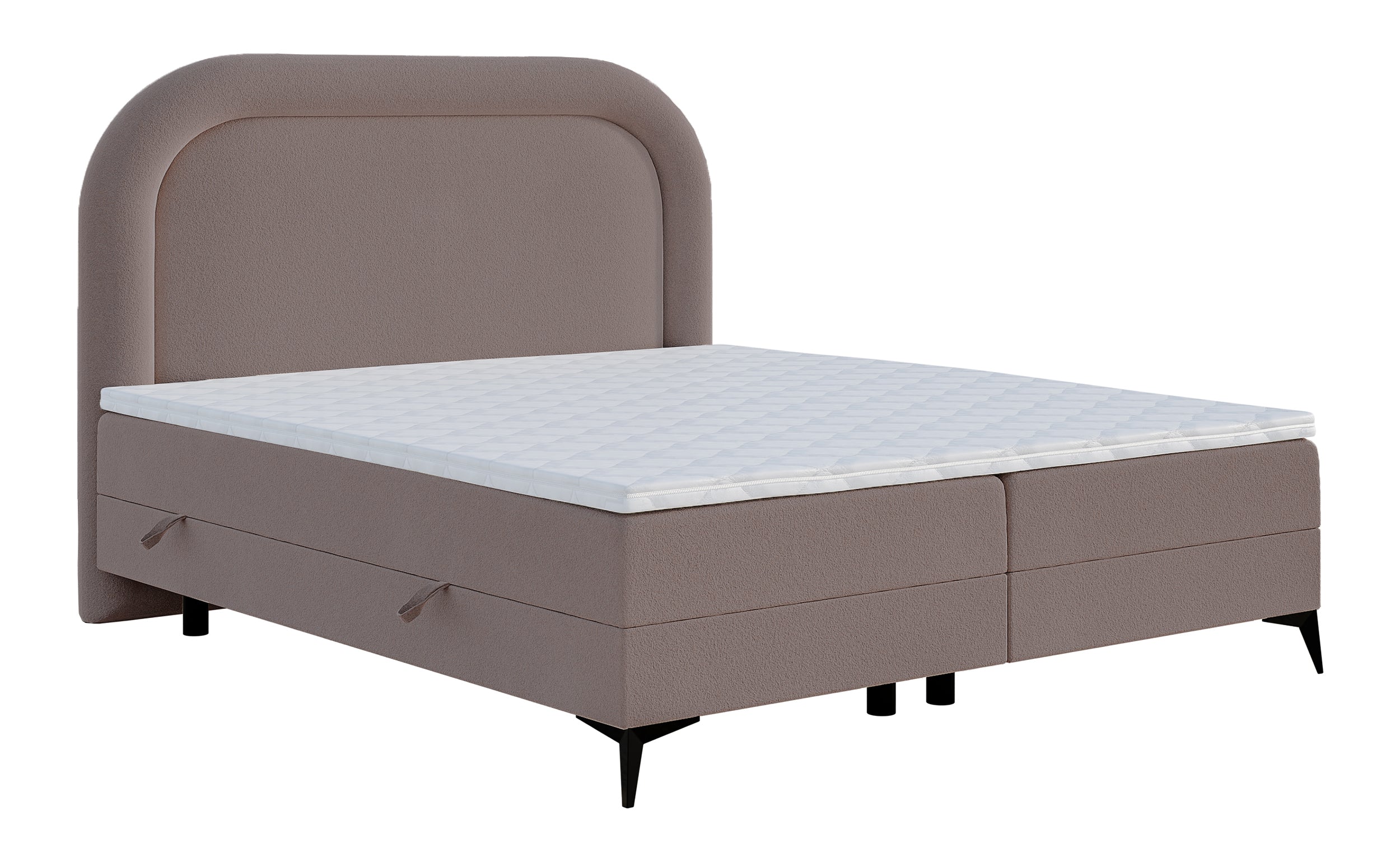 Kontinentalbett 140x200 cm Loreo mit Topper und hellbraunen Bouclé-Aufbewahrungsboxen