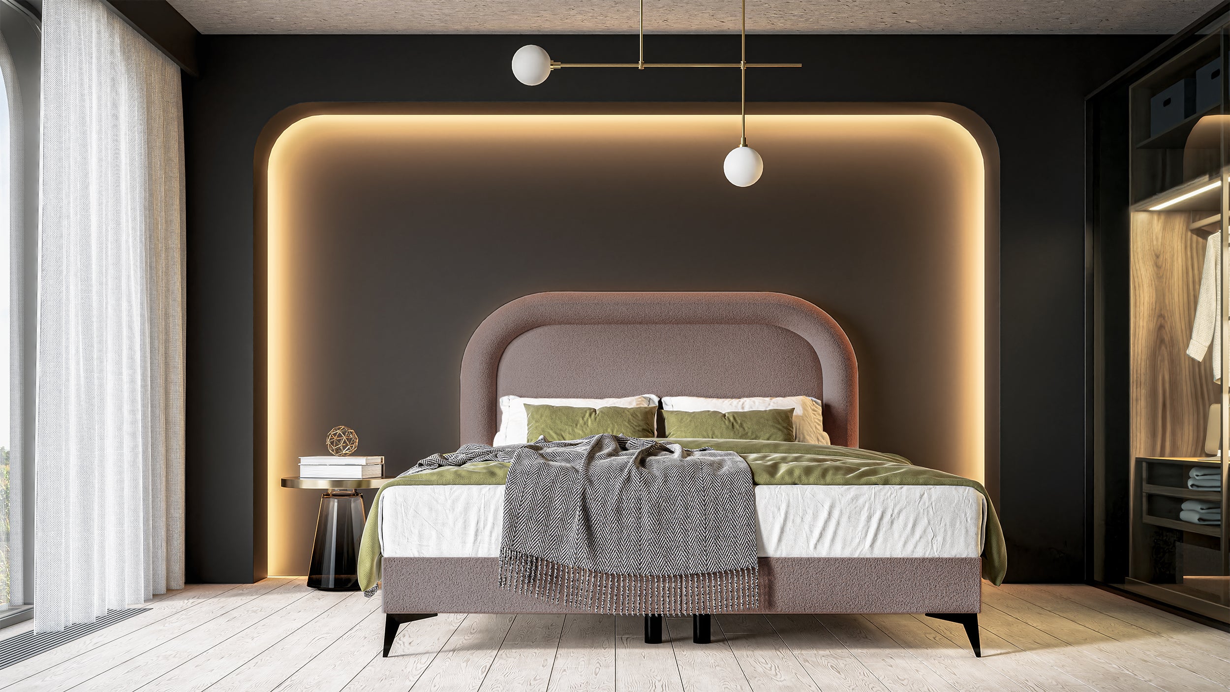 Kontinentalbett 140x200 cm Loreo mit Topper und hellbraunen Bouclé-Aufbewahrungsboxen