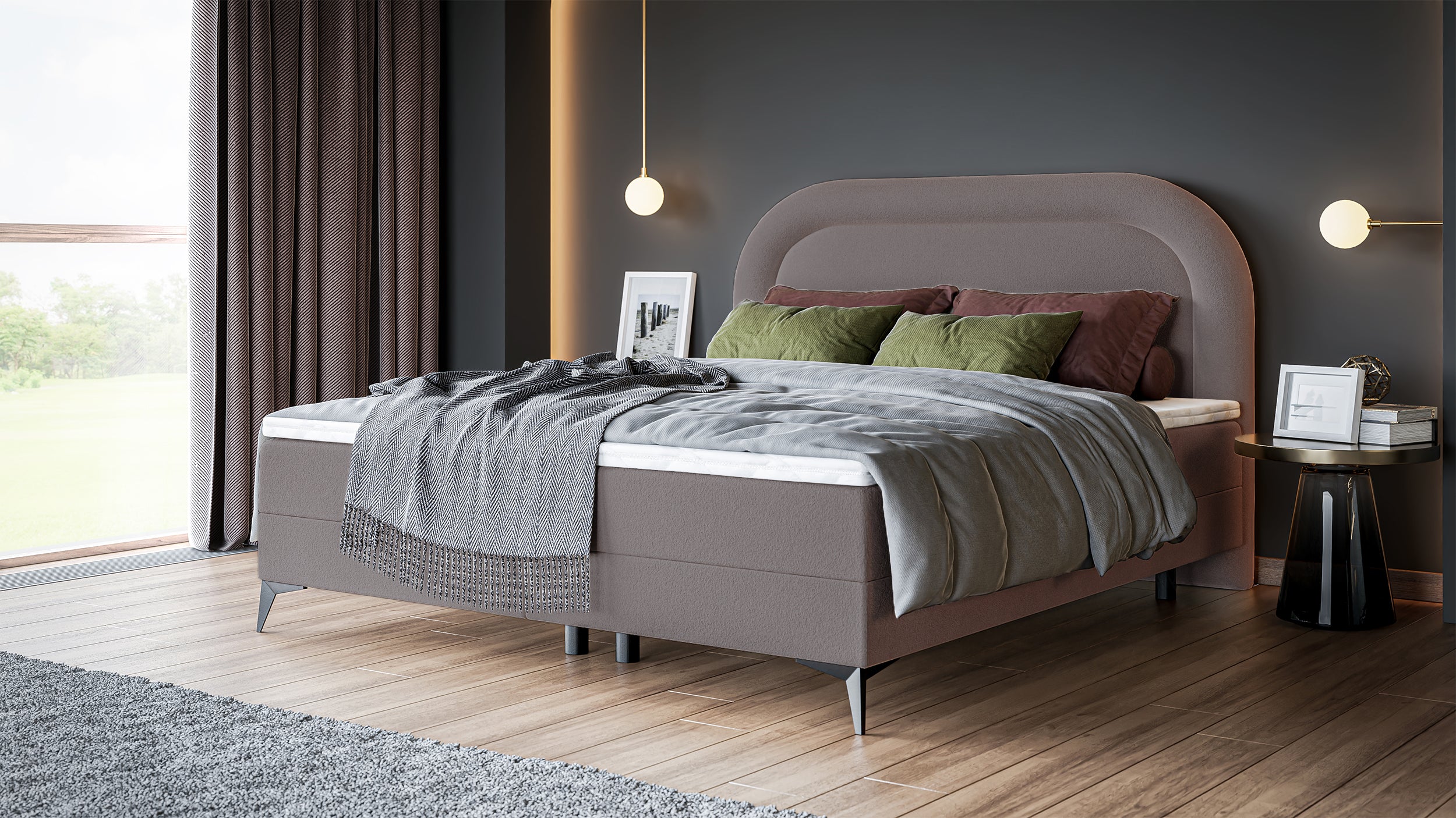 Kontinentalbett 140x200 cm Loreo mit Topper und hellbraunen Bouclé-Aufbewahrungsboxen