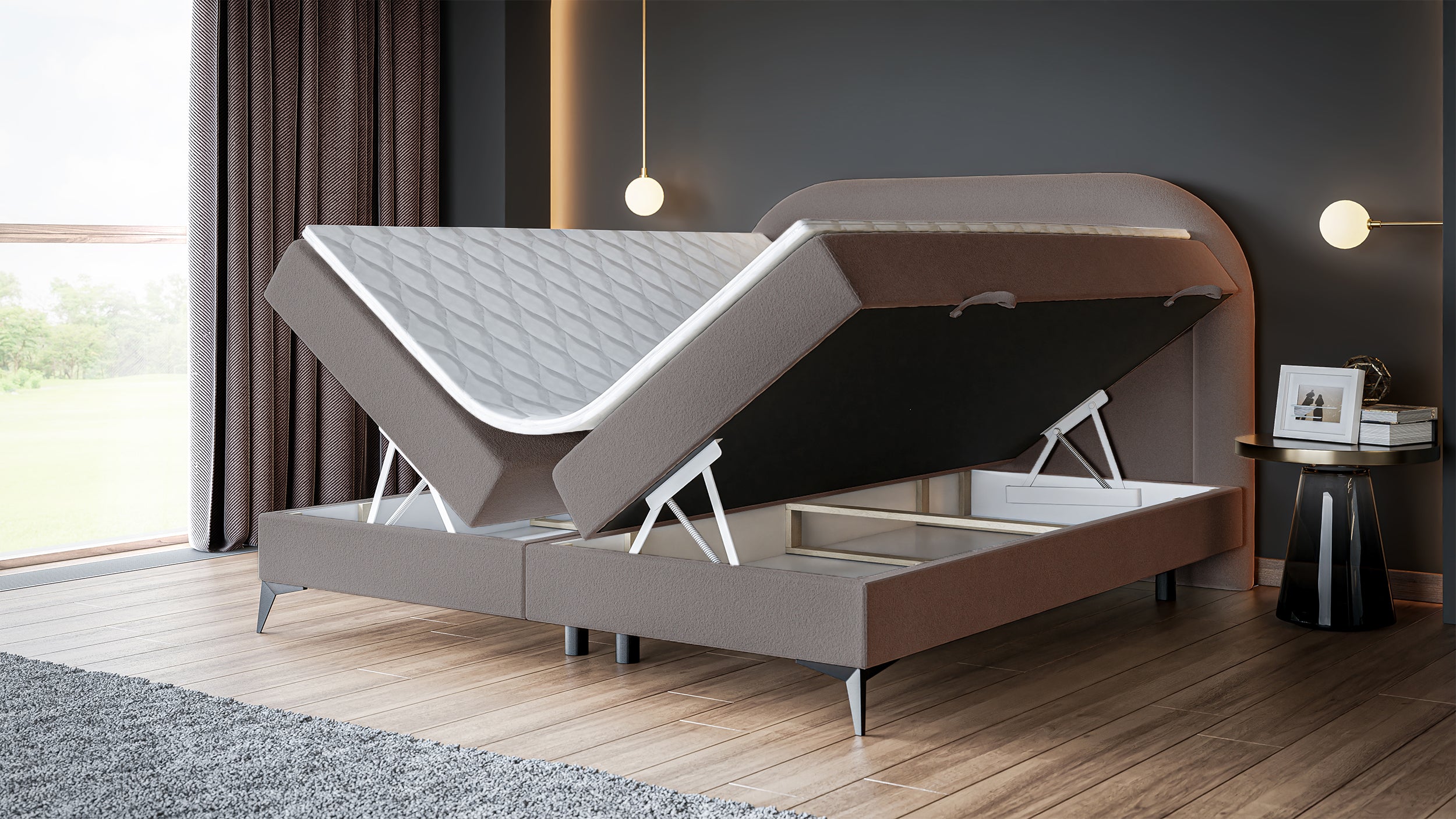Kontinentalbett 140x200 cm Loreo mit Topper und hellbraunen Bouclé-Aufbewahrungsboxen