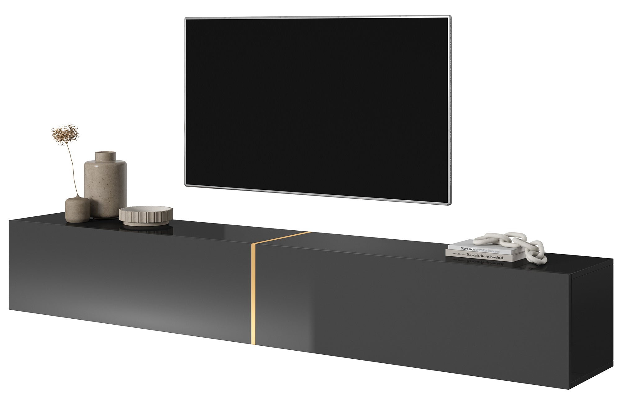 TV-Schrank Bisira 200 cm schwarz mit goldenem Einsatz