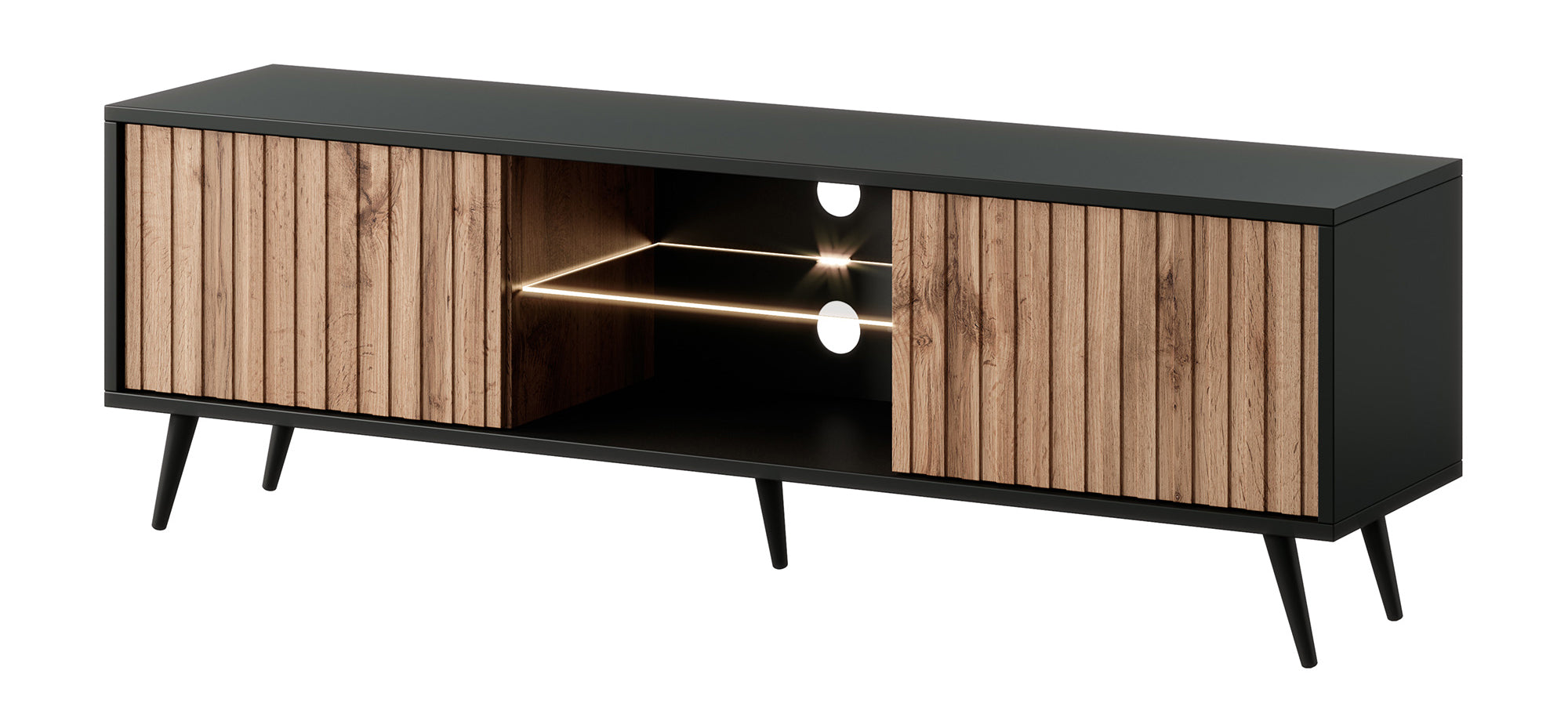 TV-Schrank Bello mit Lamellenfronten 135 cm schwarz/Wotaneiche mit LED