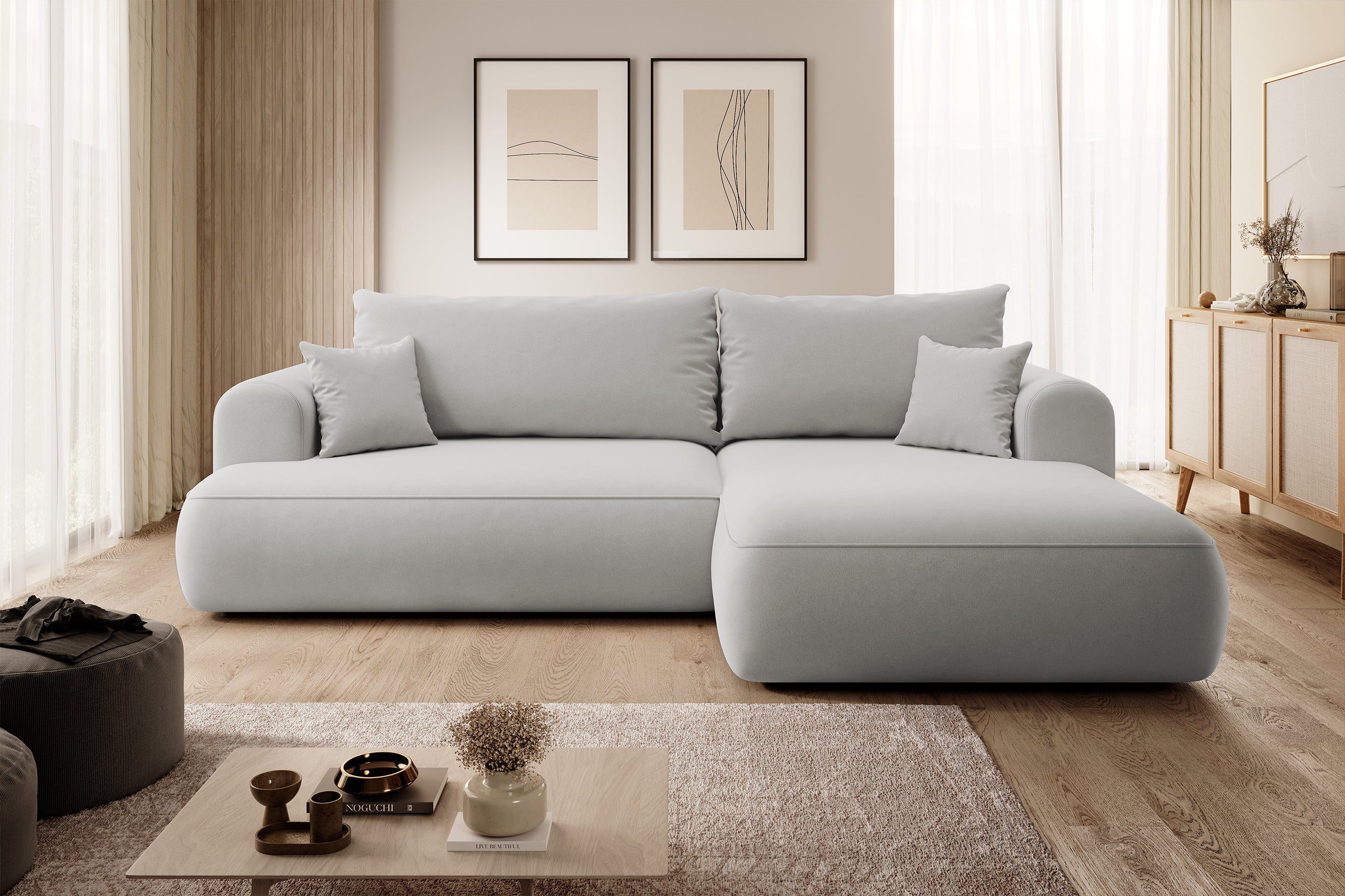 Ecksofa mit Schlafunktion Ovo, L-förmig, grau, Samt, mit Stauraum, aus pflegeleichtem Stoff, rechtsseitig