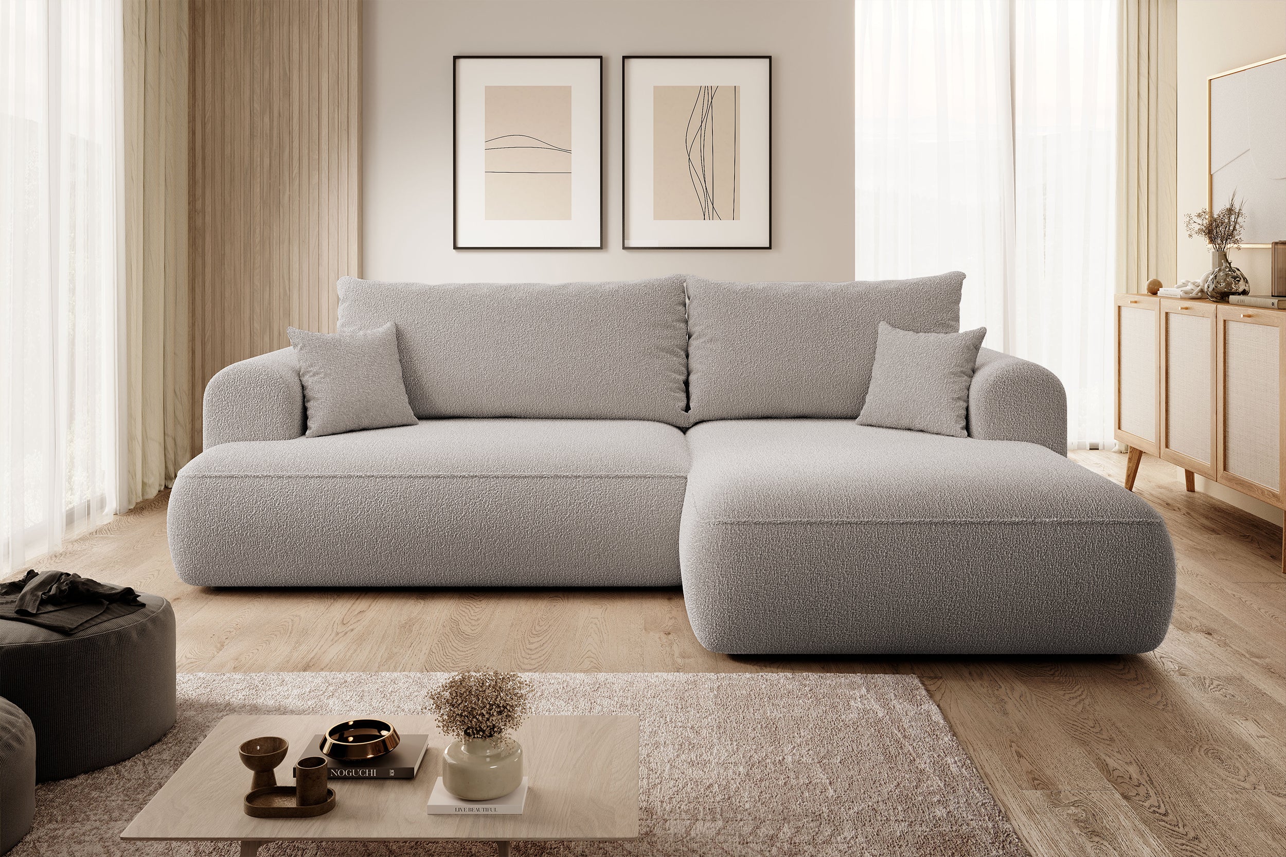 Ecksofa mit Schlaffunktion Ovo, L-förmig, dunkelbeige mit Stauraum, Bouclé, rechtsseitig