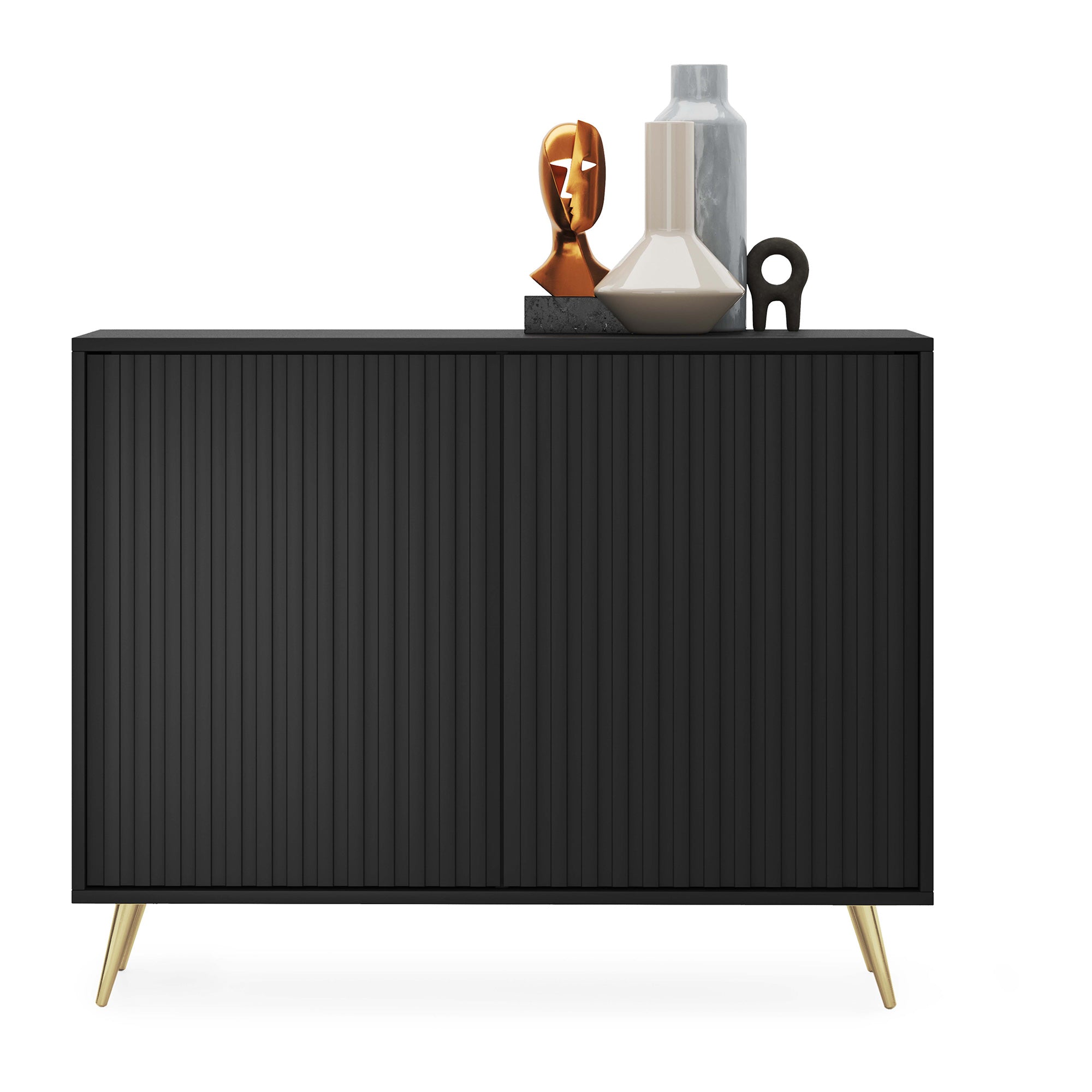 Kommode Bello mit Lamellenfronten 104 cm schwarz mit goldenen Beinen