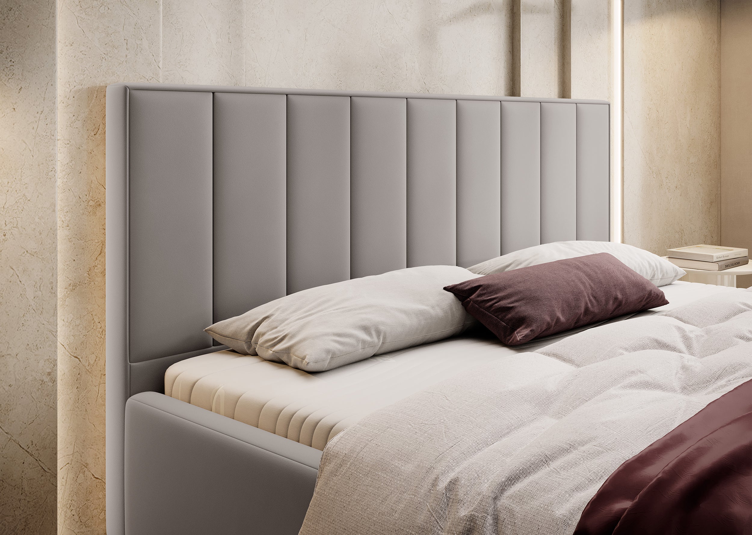 Polsterbett 180x200 cm Rinus mit Stauraum, hellbeige, aus hydrophobem Stoff