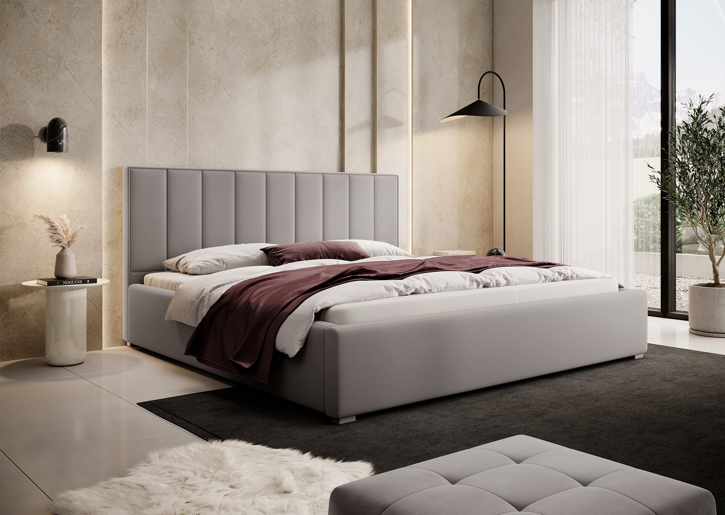 Polsterbett 160x200 cm Rinus mit Stauraum, hellbeige, aus hydrophobem Stoff
