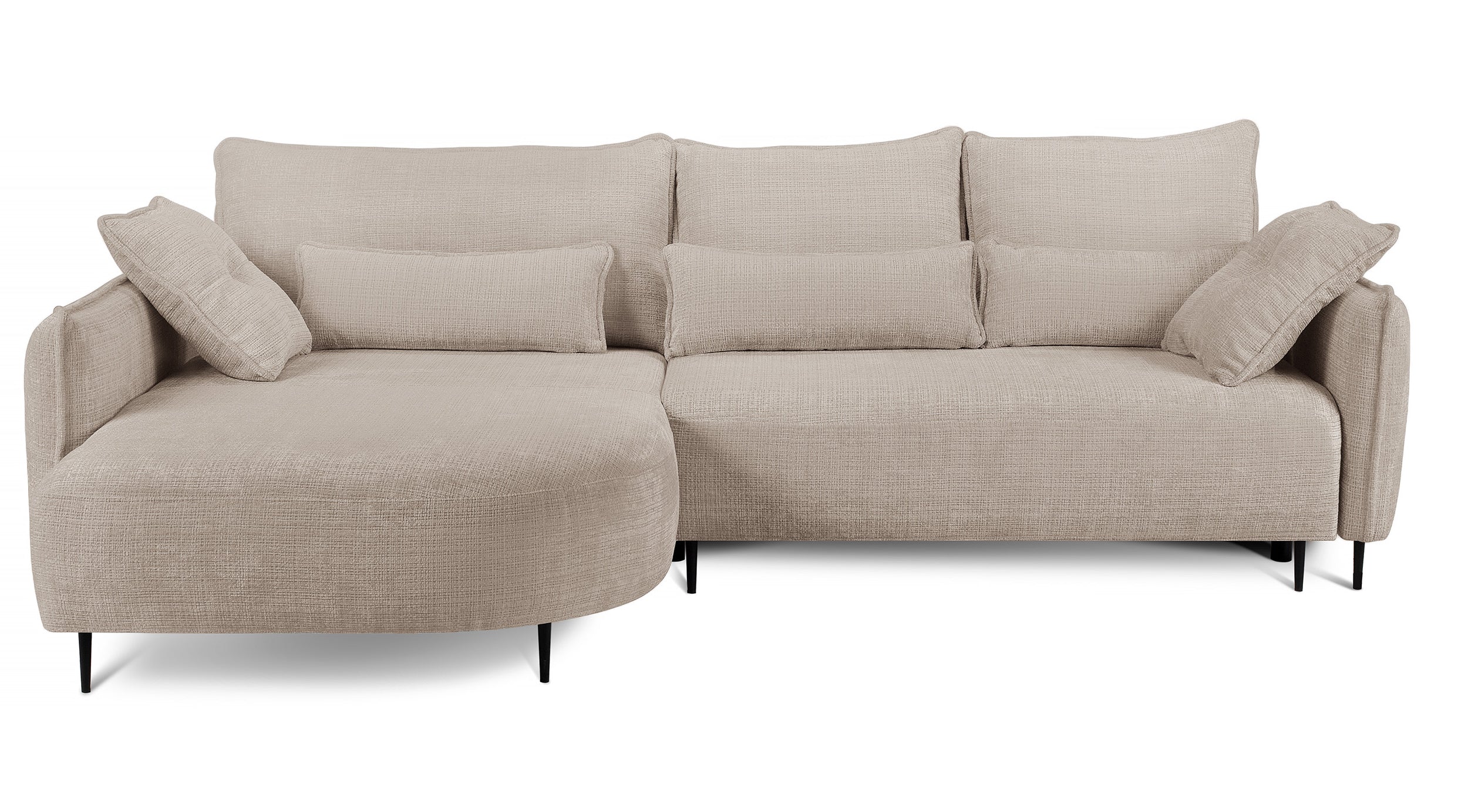 Ecksofa Oblivio mit Schlaffunktion, L-förmig, mit Stauraum, hellbeiger Chenille, linksseitig