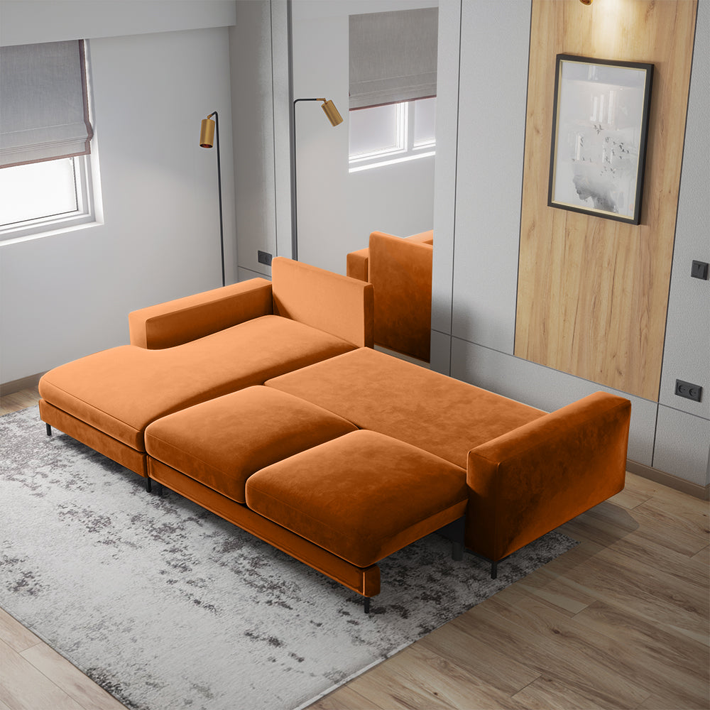 Ecksofa mit Schlafunktion Mokpeo, L-förmig, mit zwei Stauraumfächern, schwarzen Beinen, kupferfarbenem Samt, linksseitig