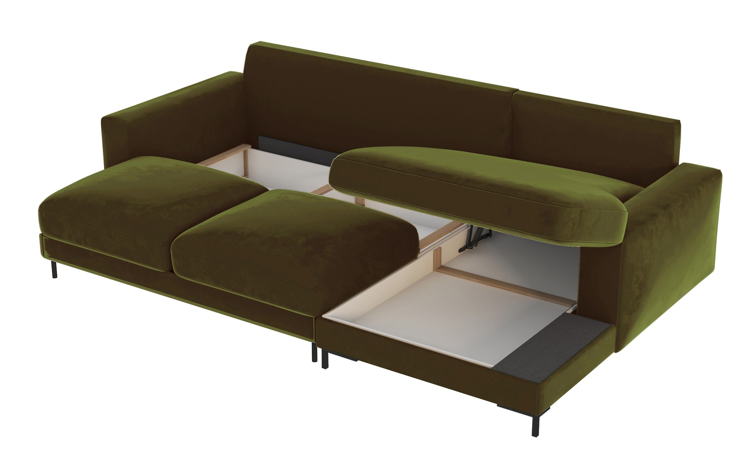 Ecksofa mit Schlafunktion Mokpeo, L-förmig, mit zwei Stauraumfächern, schwarze Füße, olivgrüner Samt, rechtsseitig
