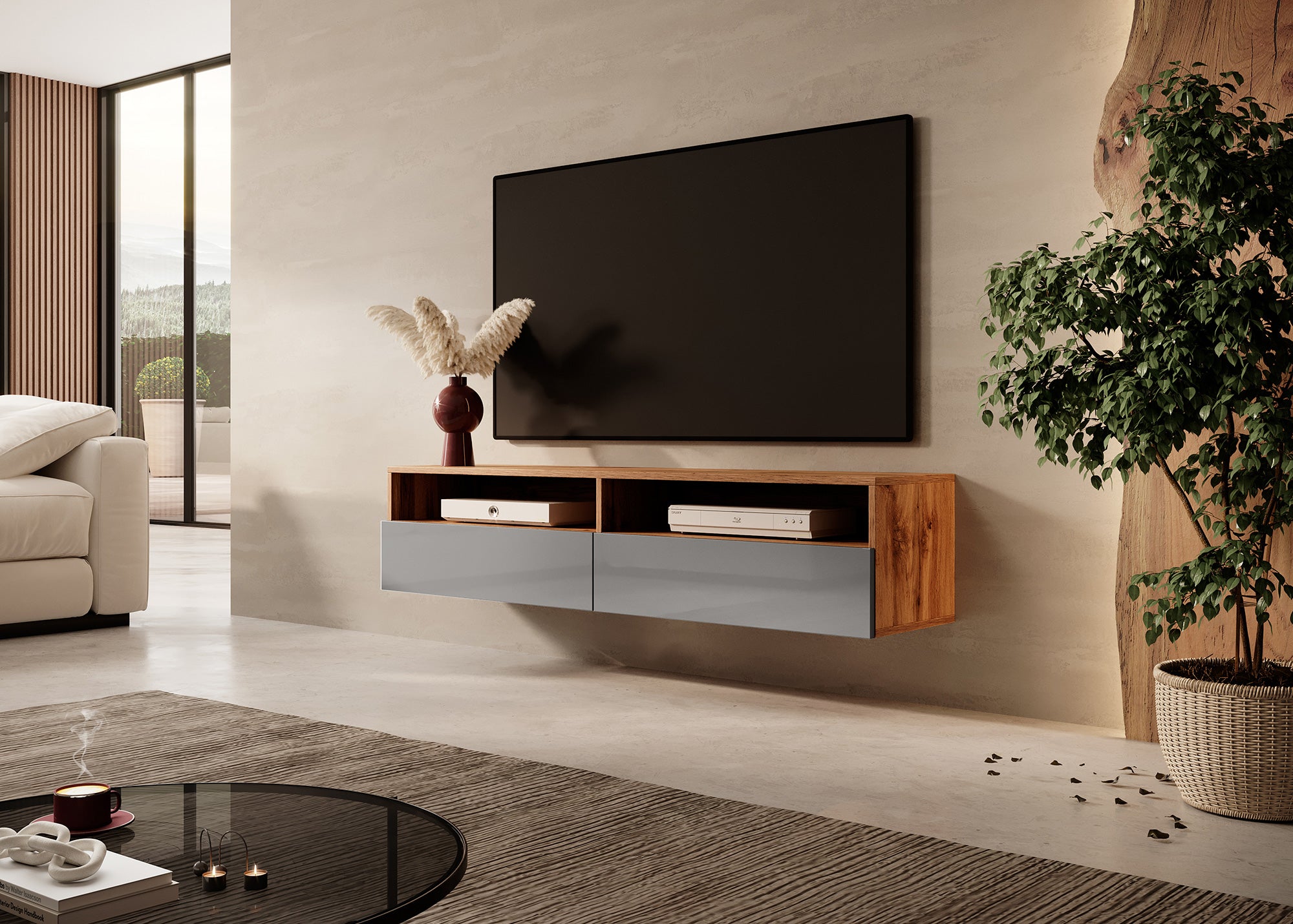 TV-Schrank mit zwei Schubladen Rednaw 140 cm Wotan-Eiche / Grauer Hochglanz mit Beleuchtung