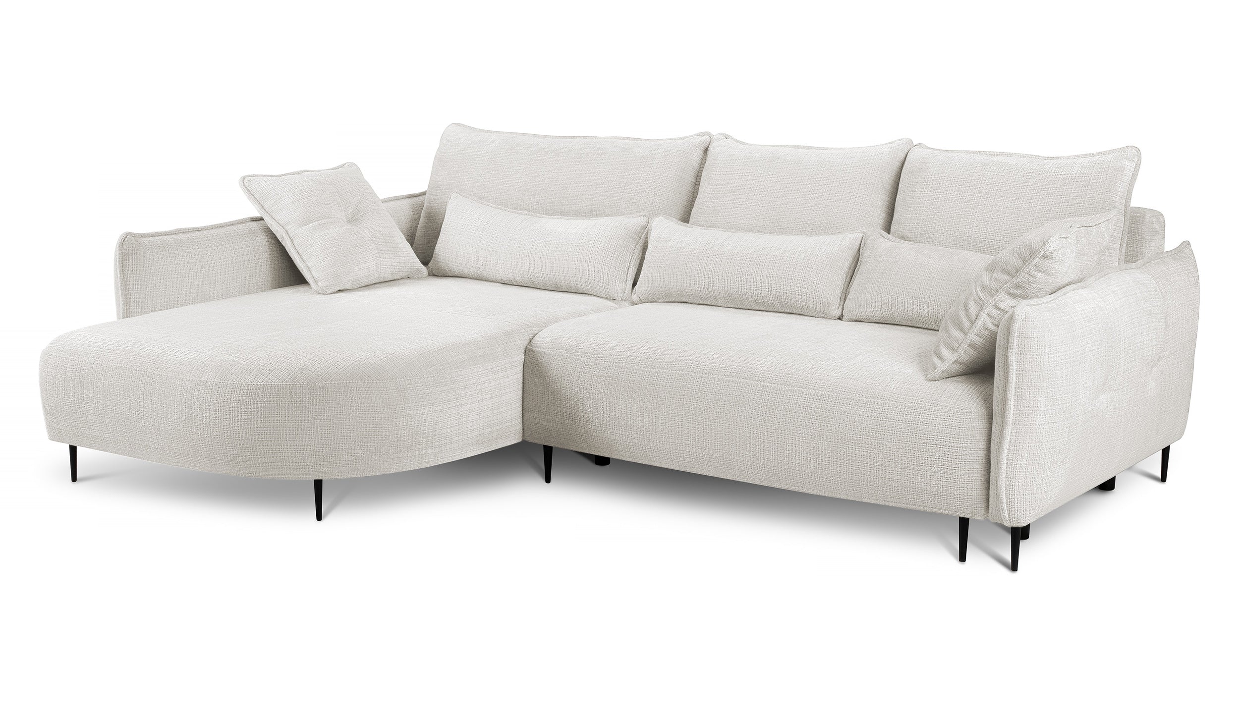 Ecksofa Oblivio mit Schlaffunktion, L-förmig, mit Stauraum, cremefarbener Chenille, linksseitig