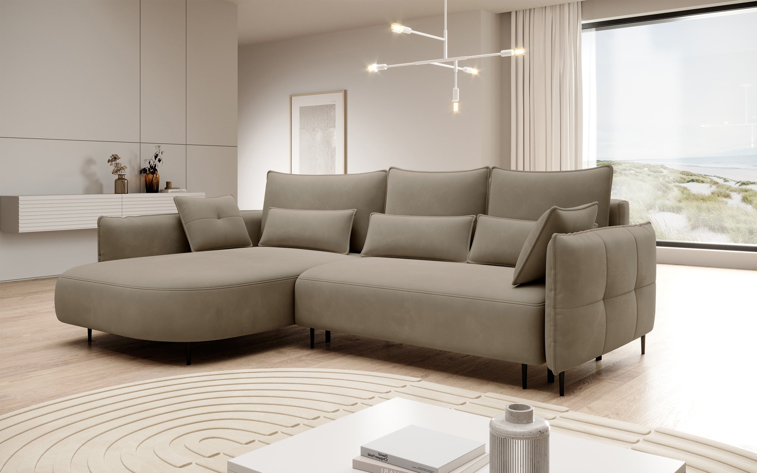 Ecksofa Oblivio mit Schlaffunktion, L-förmig, mit Stauraum, hellbraunes Samt, linksseitig, wasserabweisend