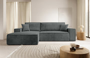 Ecksofa mit Schlaffunktion Farese New L-förmig mit Stauraum, grauer Cord, linksseitig