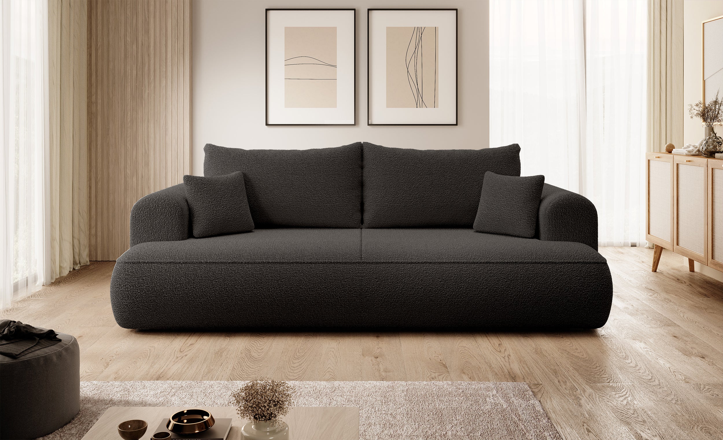 Dunkelgraues, dreisitziges Schlafsofa Ovo mit Stauraum aus Bouclé-Stoff
