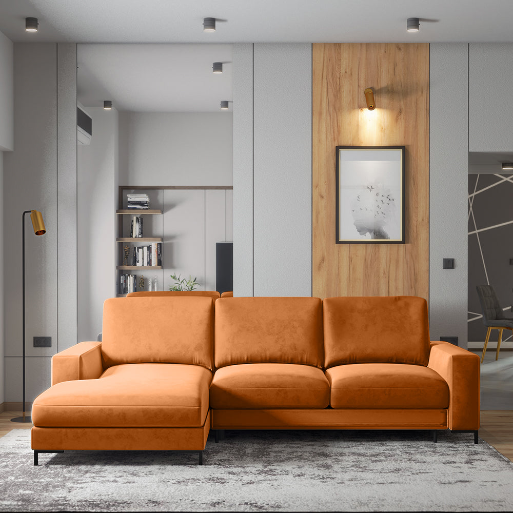 Ecksofa mit Schlafunktion Mokpeo, L-förmig, mit zwei Stauraumfächern, schwarzen Beinen, kupferfarbenem Samt, linksseitig