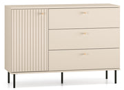 Einflügler-Kommode Caletto mit drei Schubladen, 120 cm, dekorative Lamellen, beige
