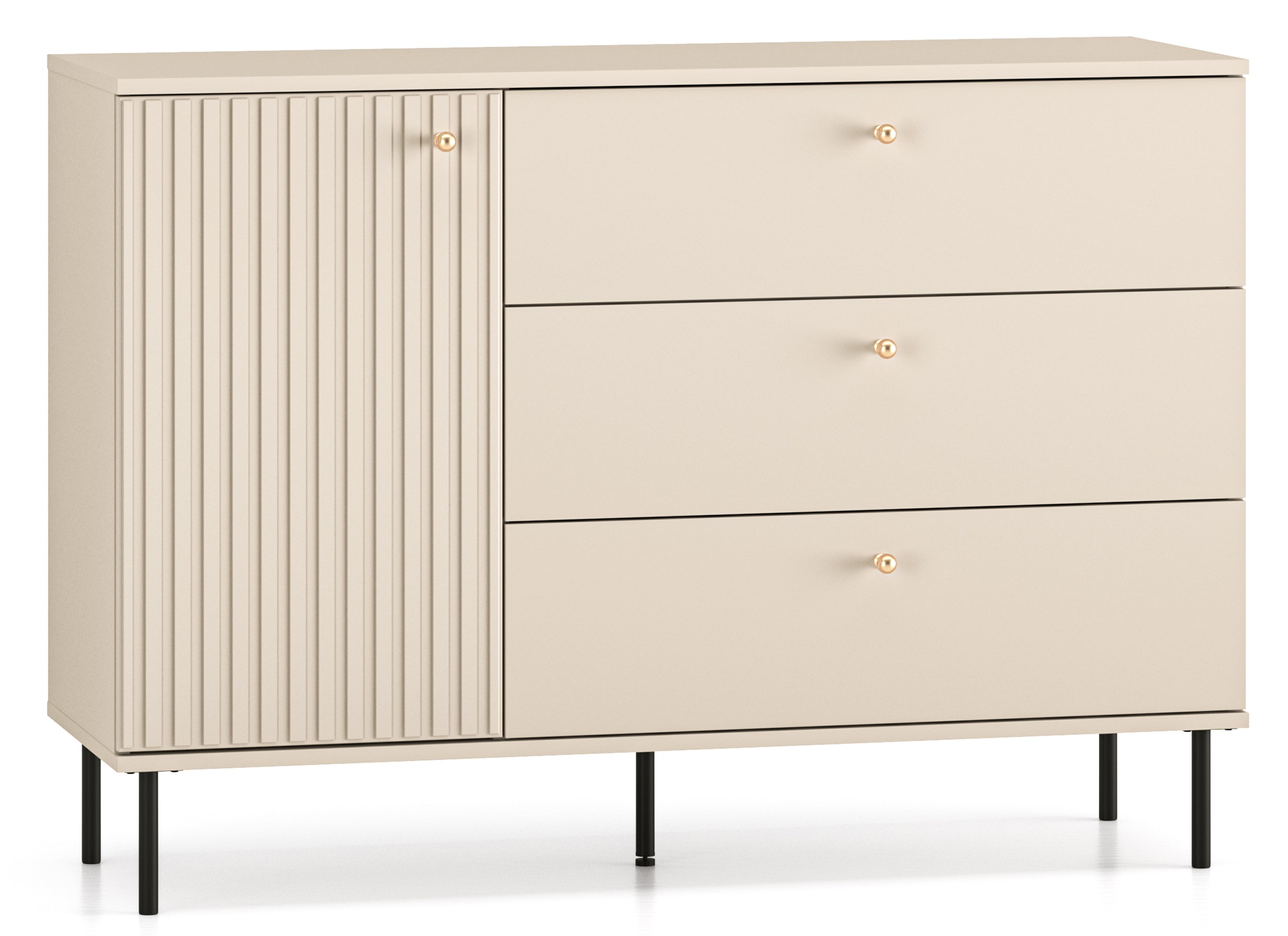 Einflügler-Kommode Caletto mit drei Schubladen, 120 cm, dekorative Lamellen, beige