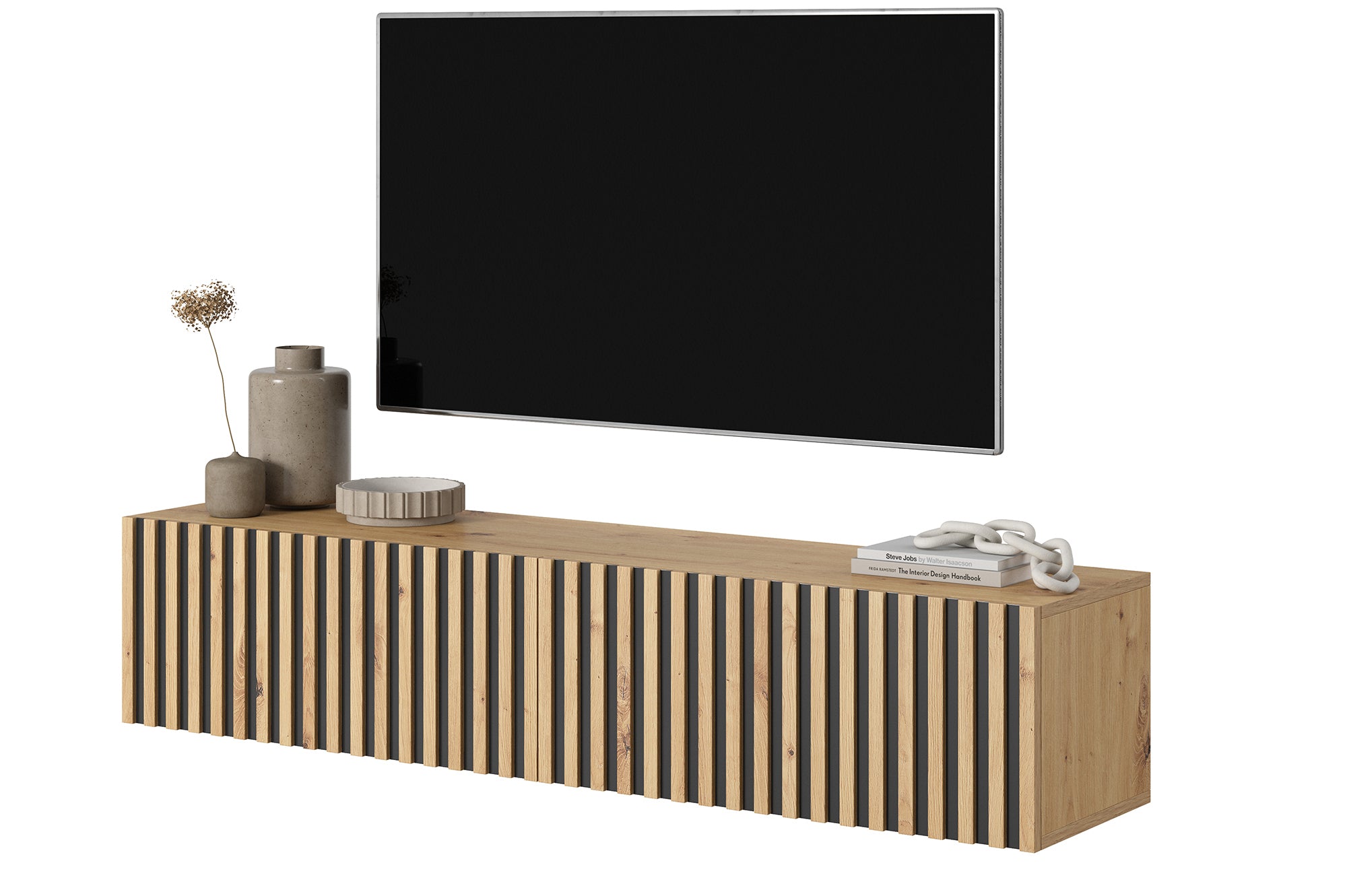 TV-Schrank Telire 138,6 cm Artisan-Eiche mit lamellenförmiger Front und schwarzen Einsätzen