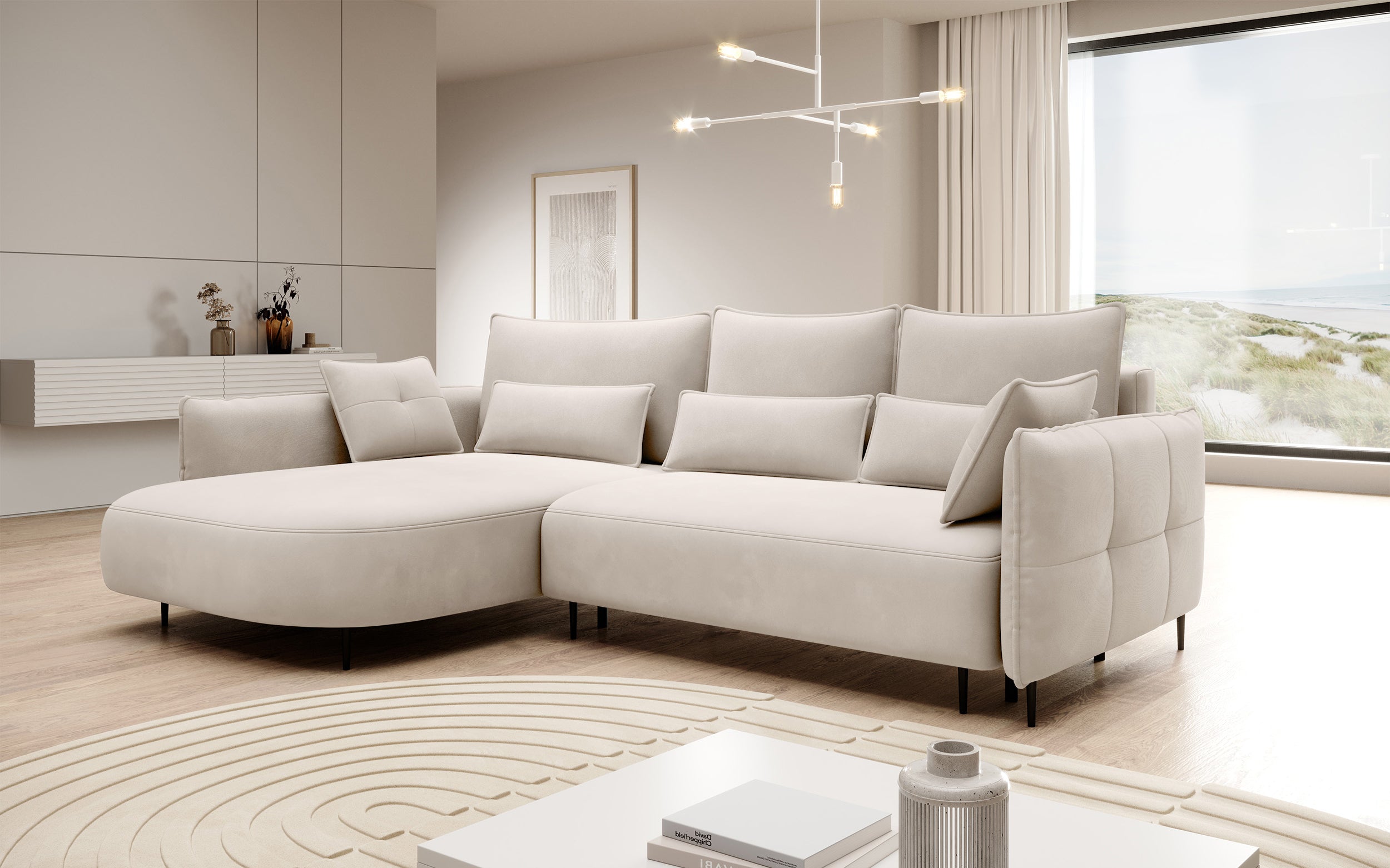 Ecksofa Oblivio mit Schlaffunktion, L-förmig, mit Stauraum, cremefarbener Samt, linksseitig, wasserabweisend