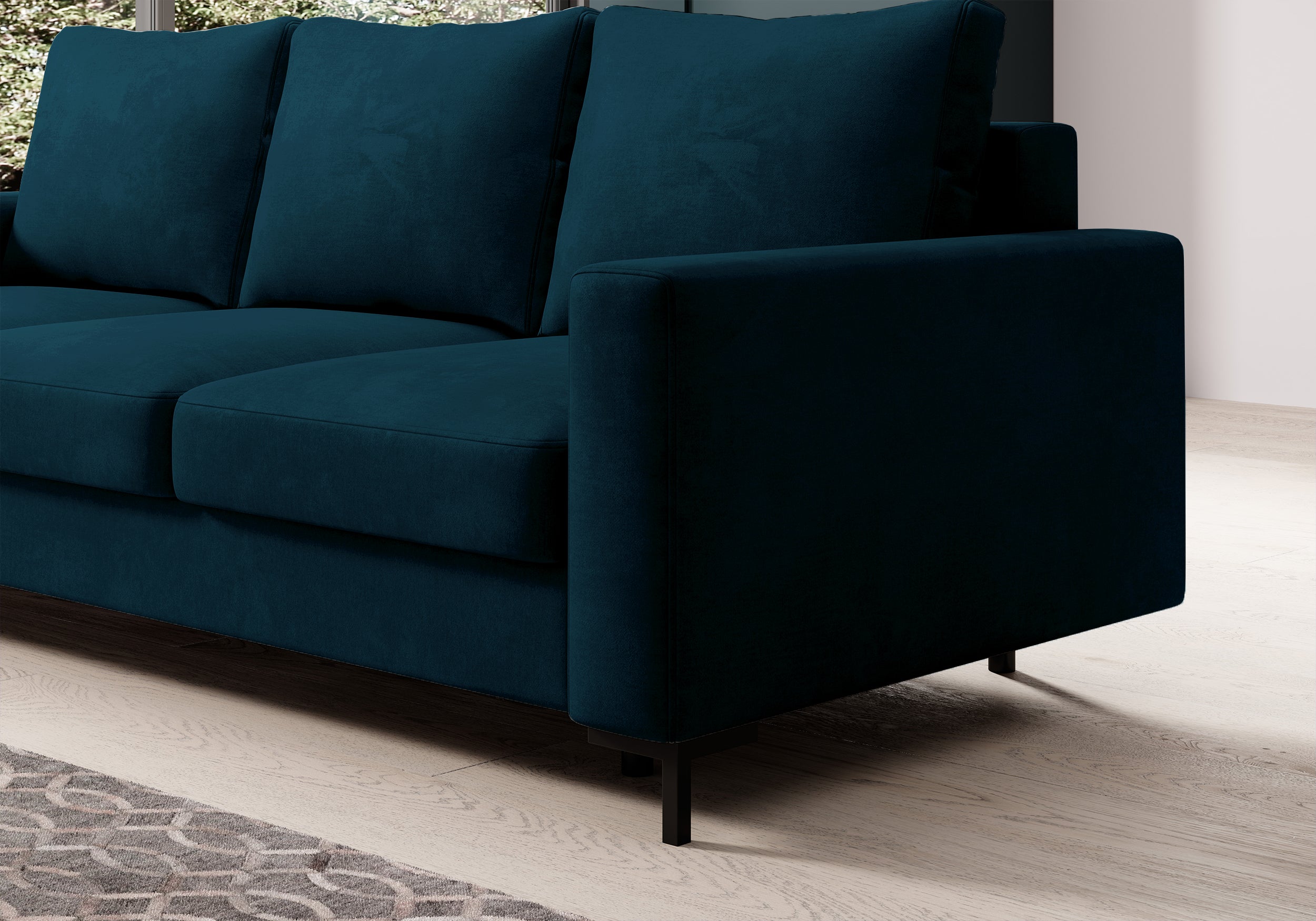 Dreisitziges ausklappbares Sofa Mokpeo mit Stauraum, dunkelblauer Samtvelours