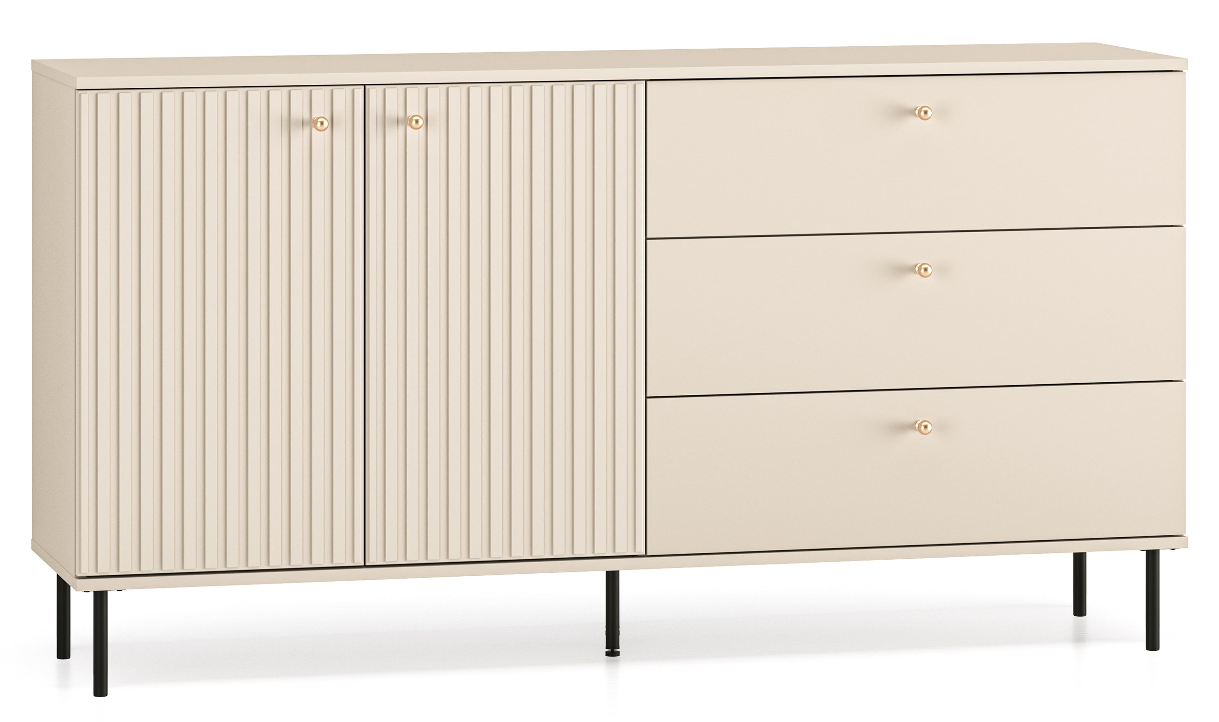 Zweiturige Kommode Caletto mit drei Schubladen, 160 cm, dekorative Lamellen, beige