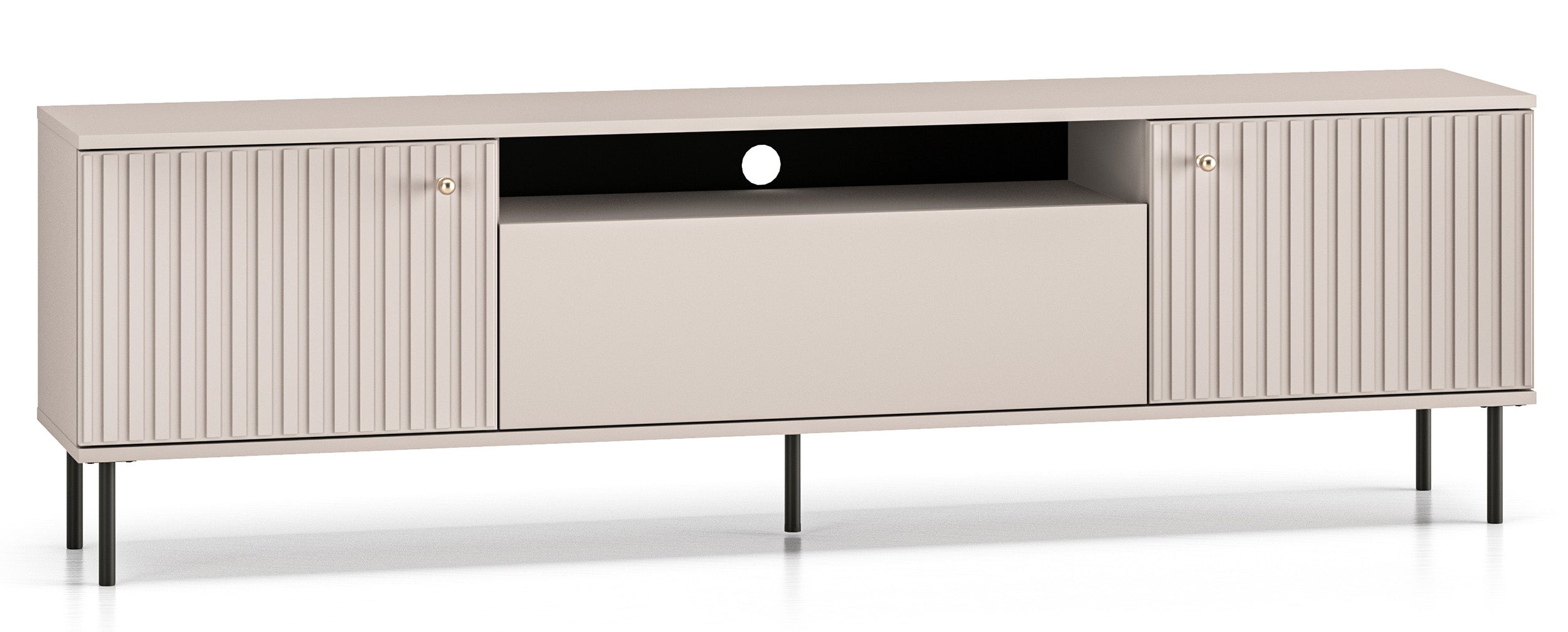 Zweiturige TV-Kommode Caletto mit Klappe und Regal, 180 cm, dekorative Lamellen Kaschmir