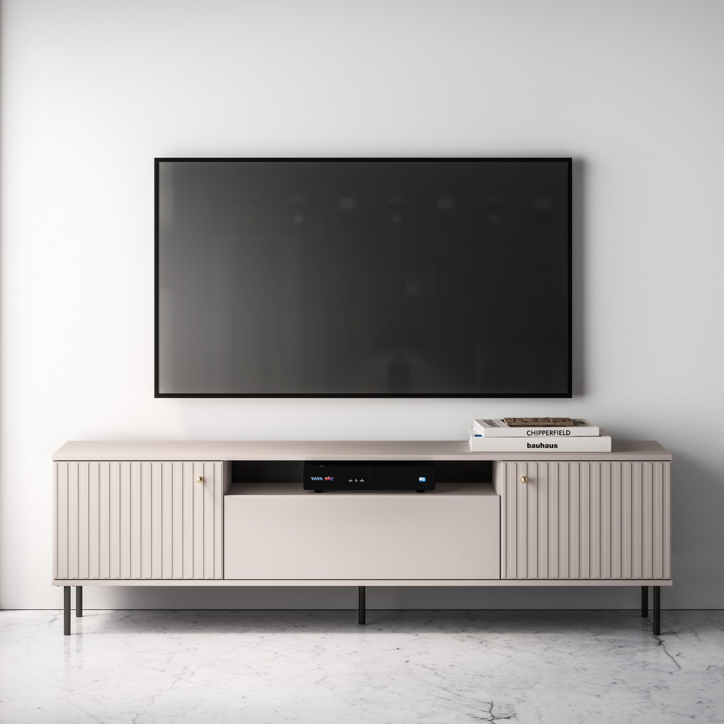 Zweiturige TV-Kommode Caletto mit Klappe und Regal, 180 cm, dekorative Lamellen Kaschmir