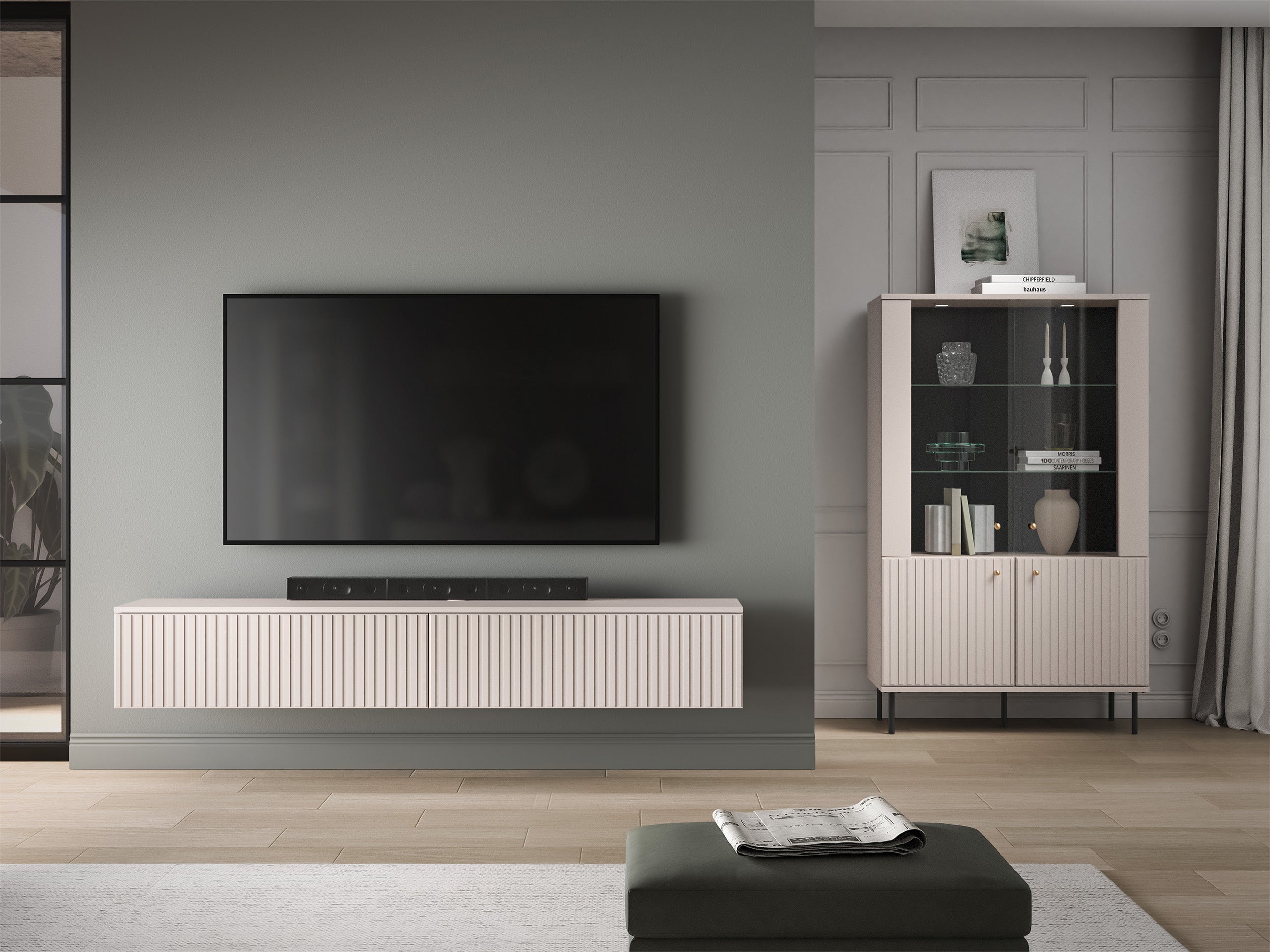 Hängender TV-Schrank Caletto mit zwei Klappen, 180 cm, Kaschmirfarben