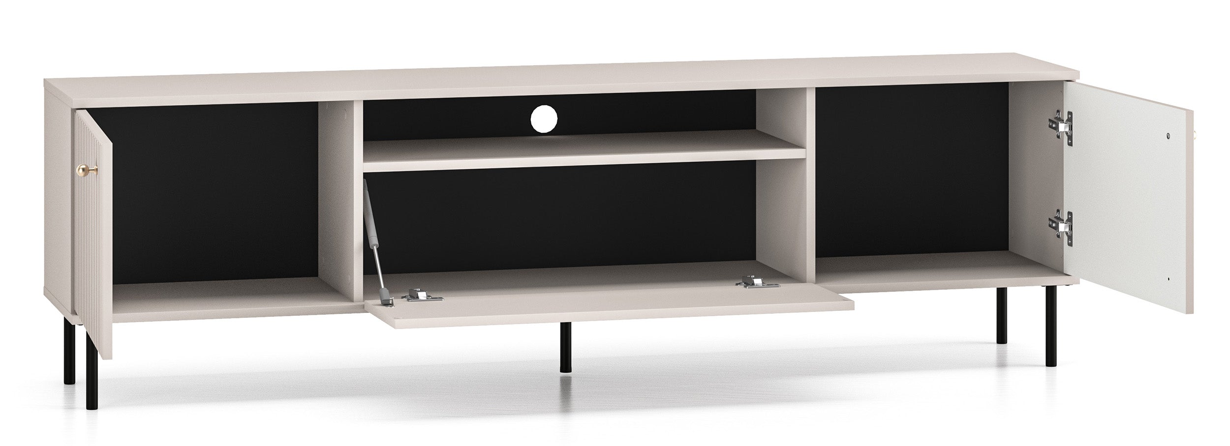 Zweiturige TV-Kommode Caletto mit Klappe und Regal, 180 cm, dekorative Lamellen Kaschmir
