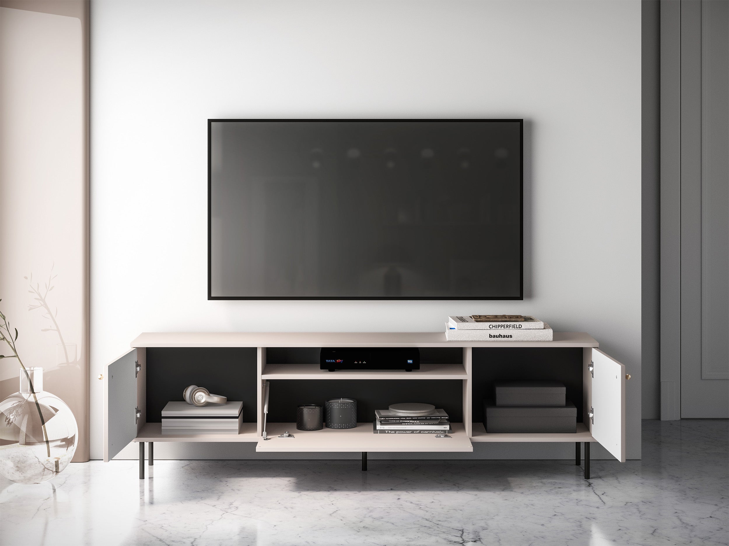 Zweiturige TV-Kommode Caletto mit Klappe und Regal, 180 cm, dekorative Lamellen Kaschmir