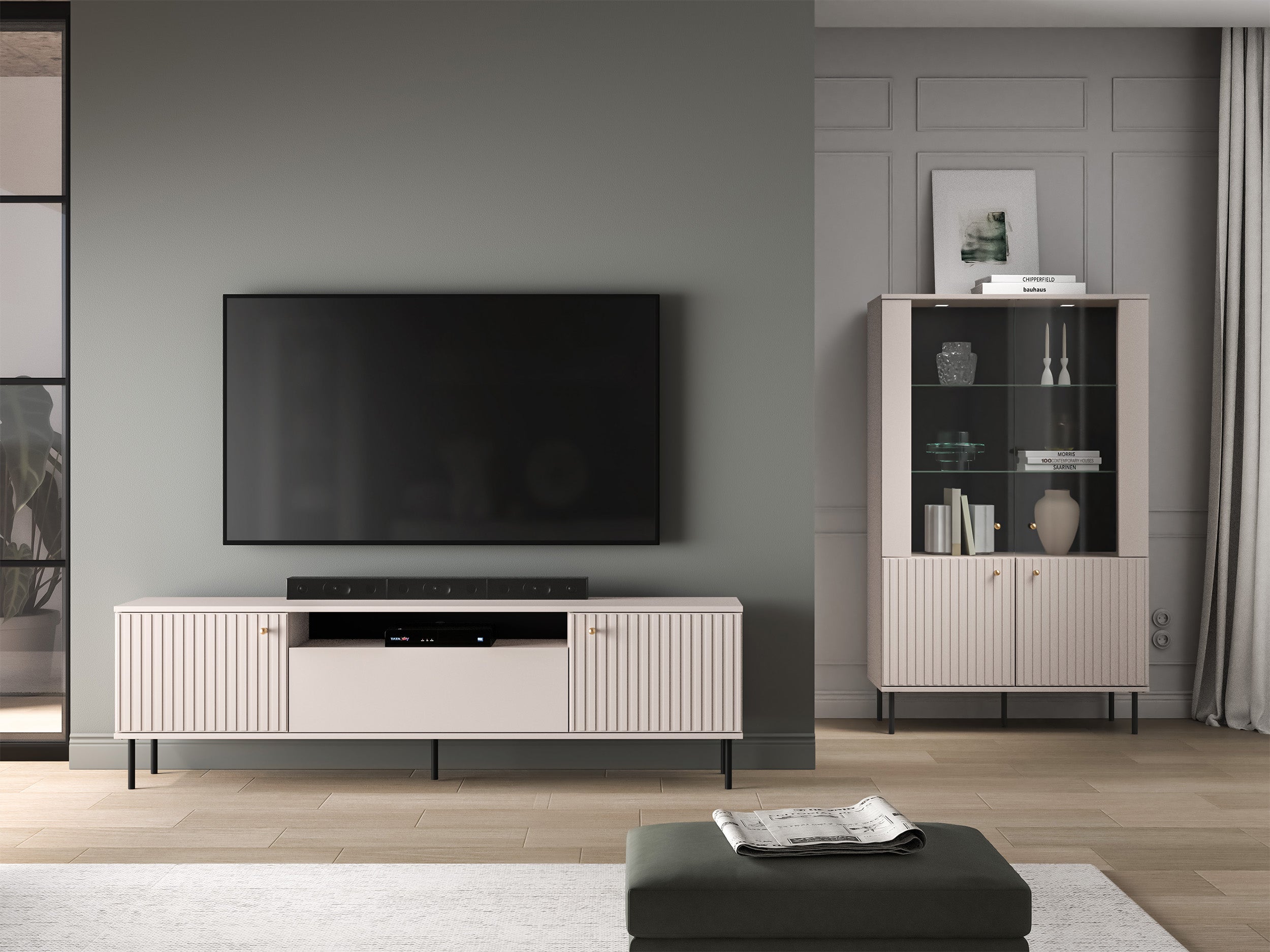 Zweiturige TV-Kommode Caletto mit Klappe und Regal, 180 cm, dekorative Lamellen Kaschmir