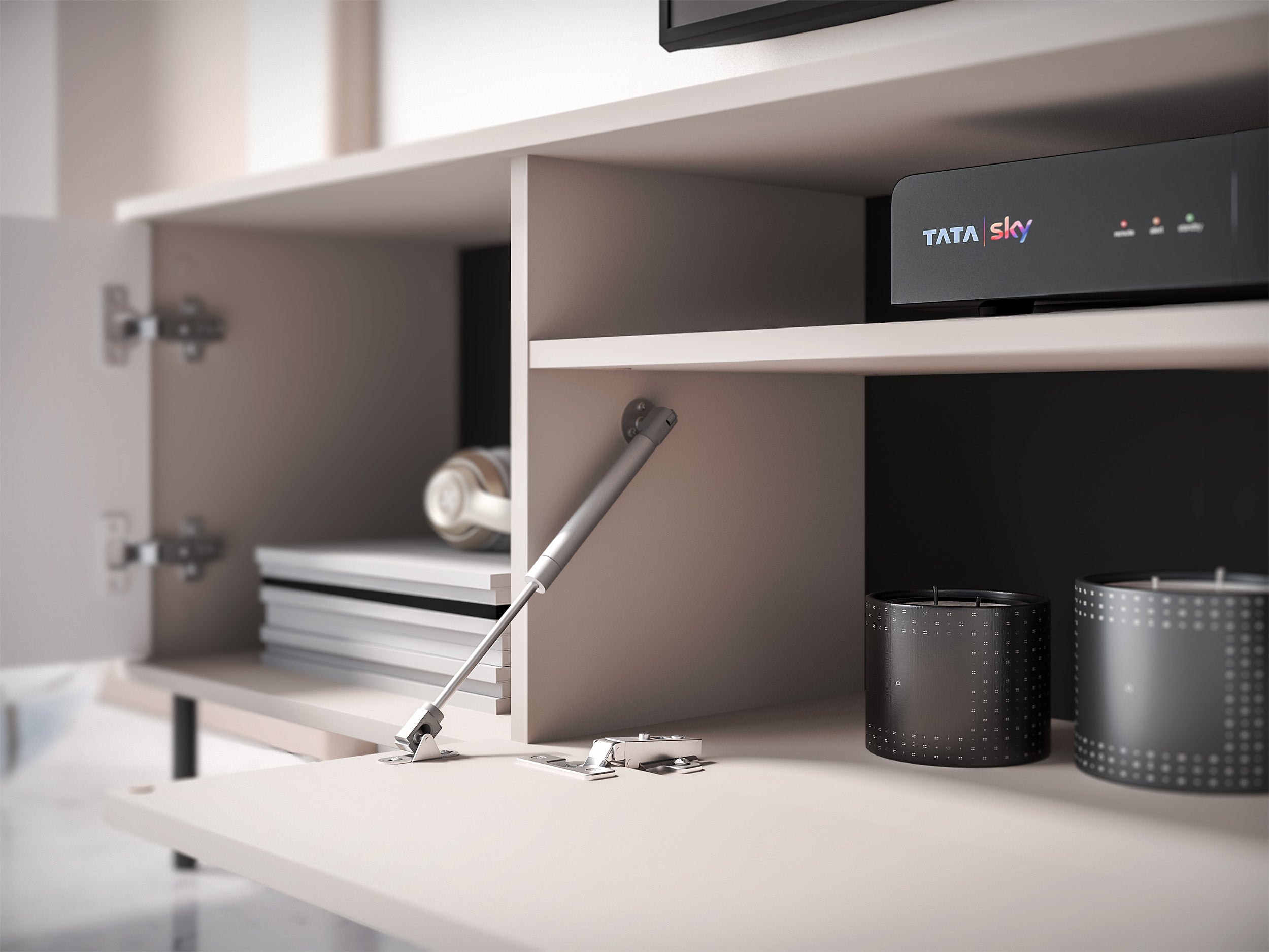 Zweiturige TV-Kommode Caletto mit Klappe und Regal, 180 cm, dekorative Lamellen Kaschmir