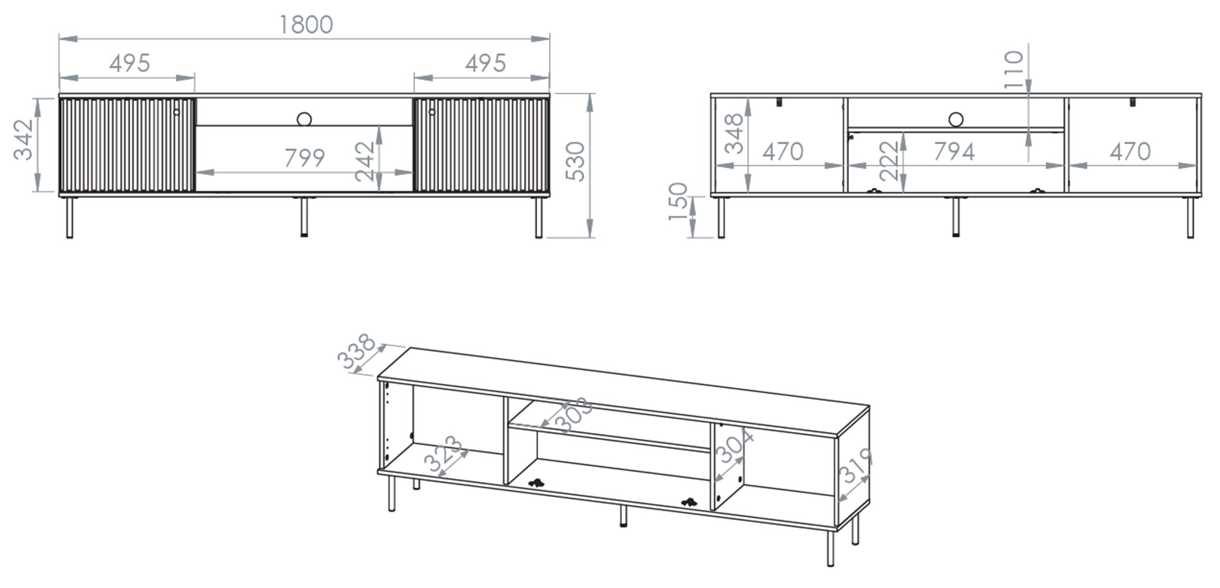 Zweiturige TV-Kommode Caletto mit Klappe und Regal, 180 cm, dekorative Lamellen Kaschmir